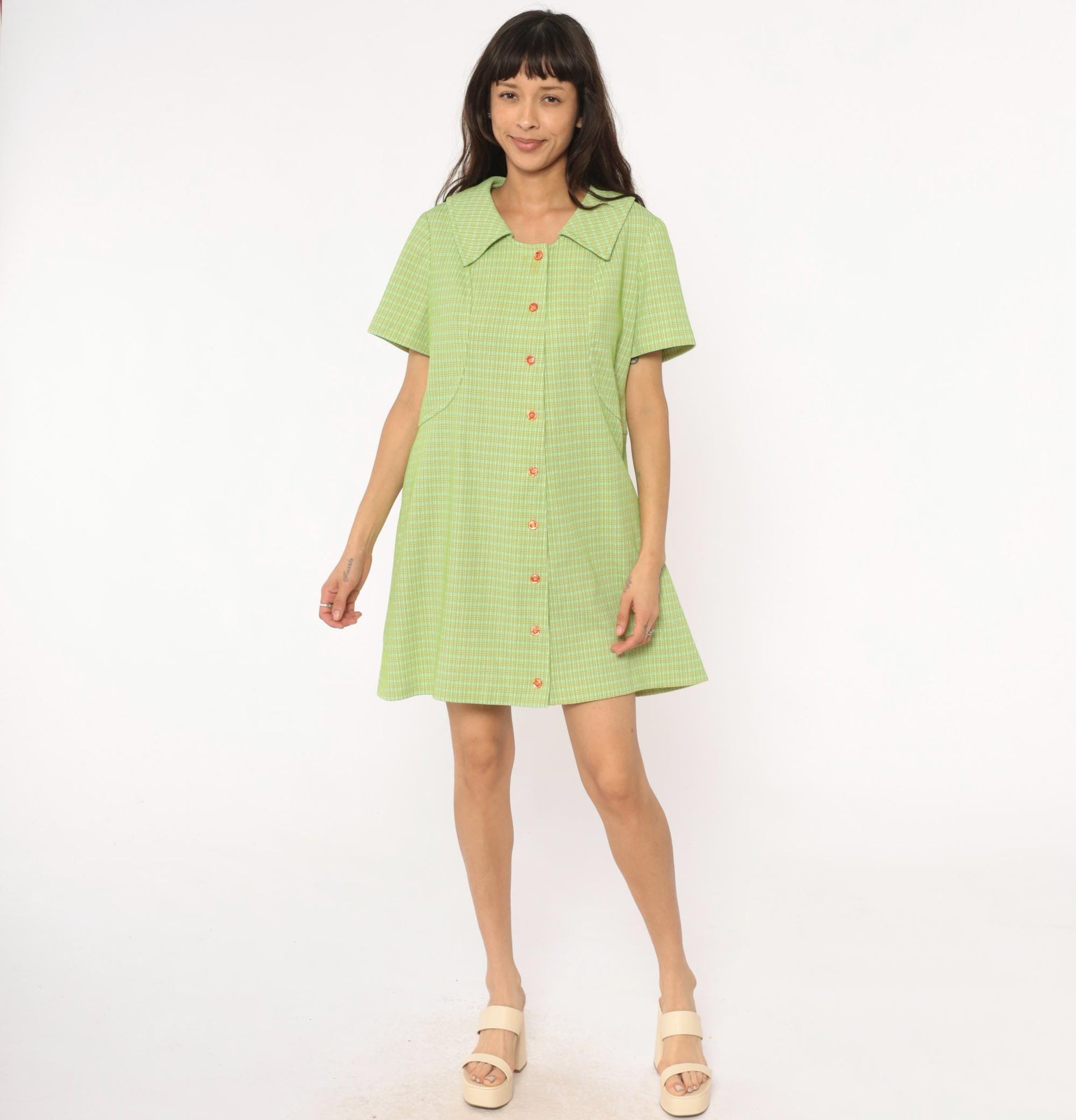 70s Green Yellow Checkered Mini Shift Dress Pointed Collar Short Sleeve Large L