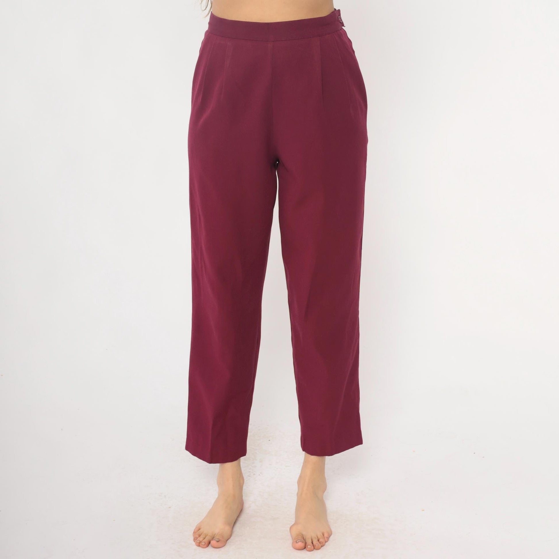 80s Burgundy High-Waist Pleated Tapered Trousers Cropped Length Medium