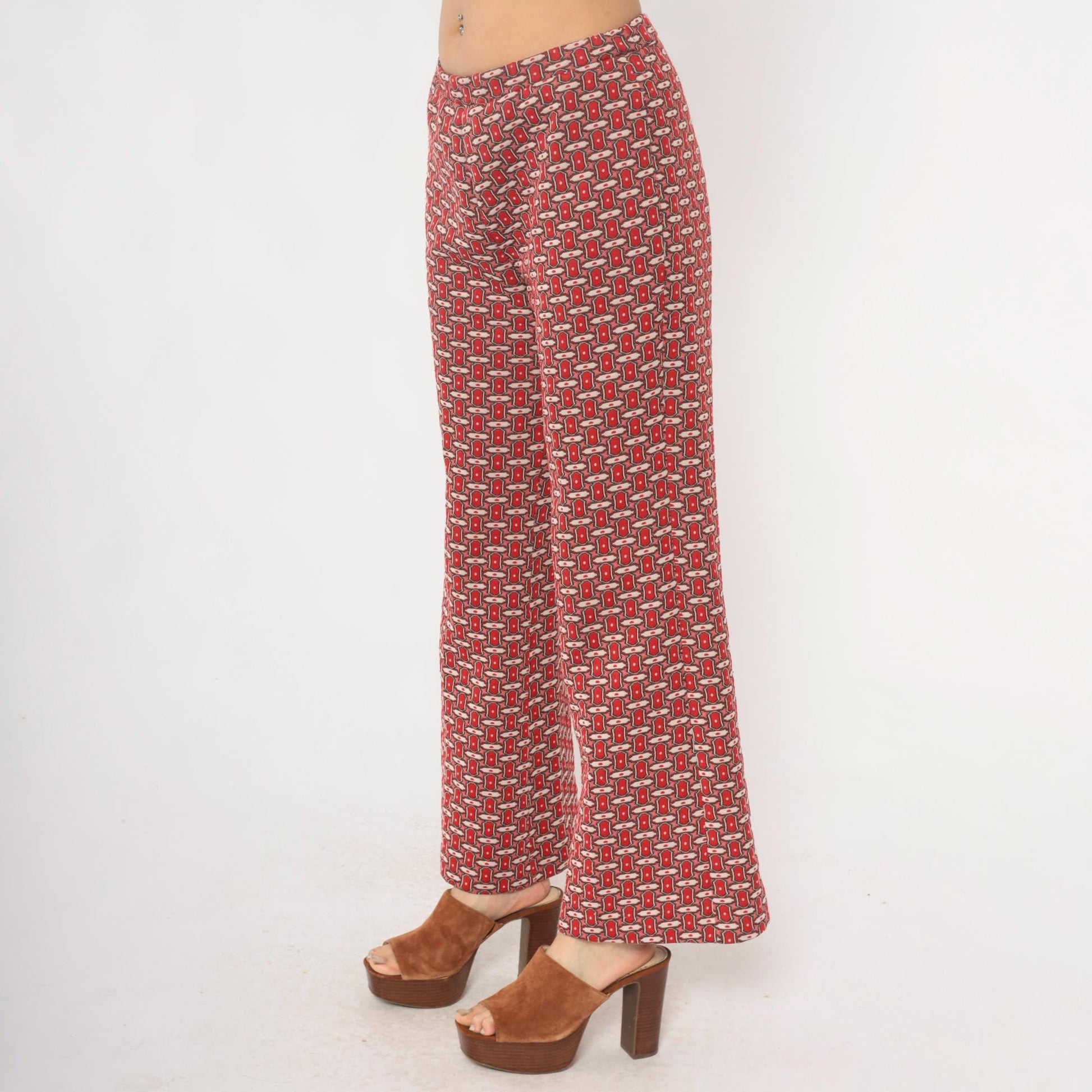 70s Red Lion Geometric Chain Print Straight Leg Trousers Burgundy Medium M