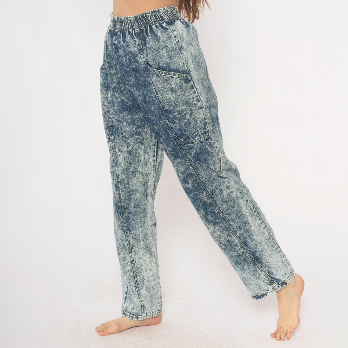 90s Acid Wash Denim High Rise Elastic Waist Straight Leg Light Blue Small Medium