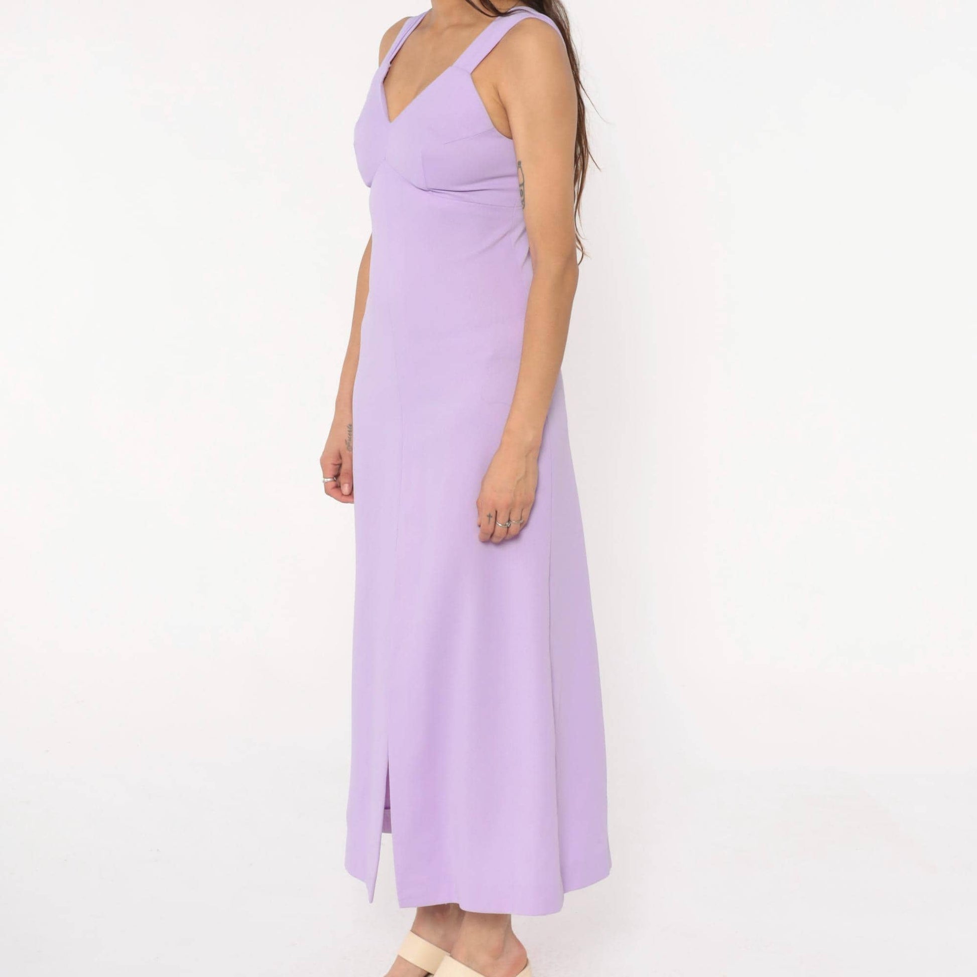 70s Lavender Maxi Dress Empire Waist Front Slit V-Neck Extra Small XS