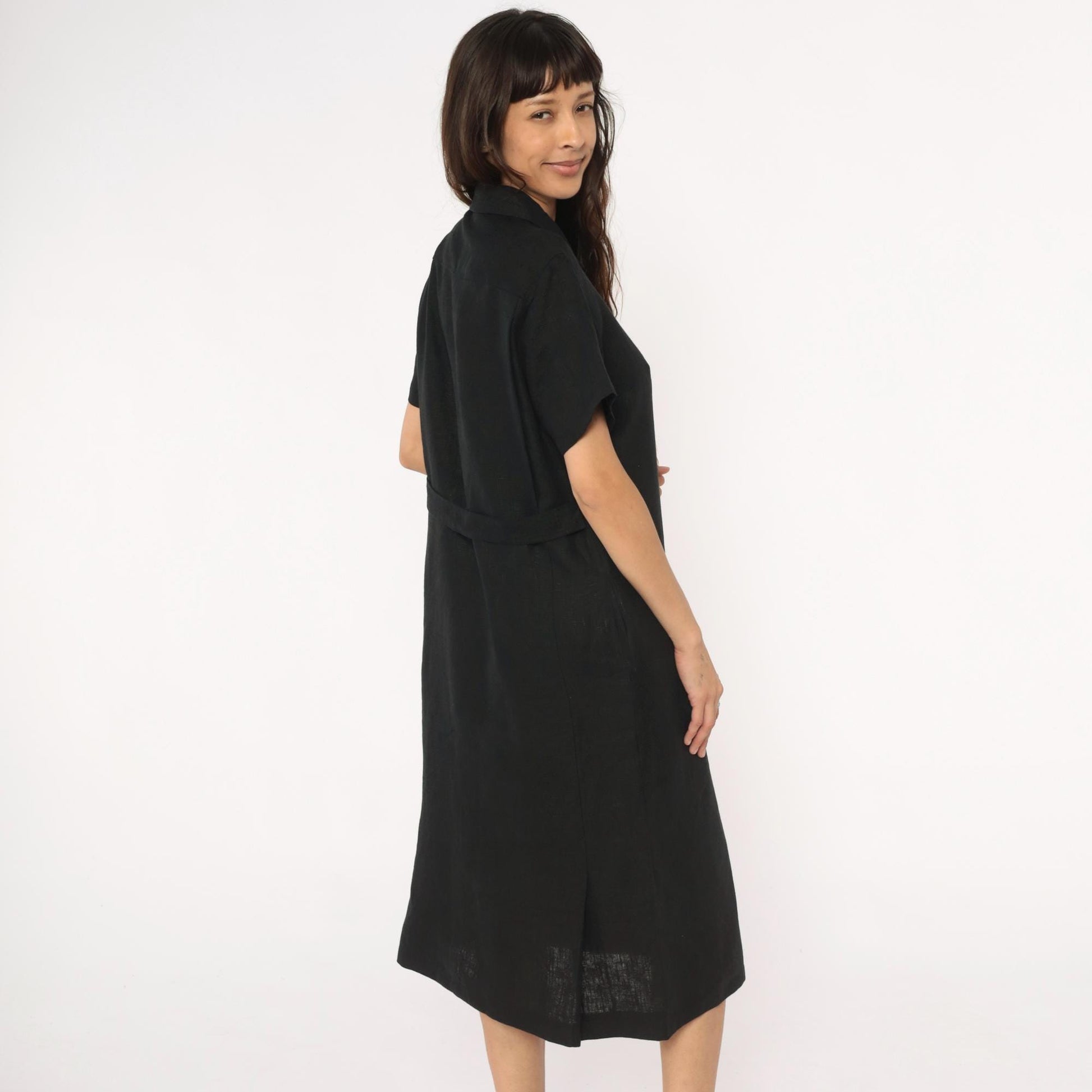 90s Harve Benard Black Linen Midi Shirt Dress Button Front Collar Large L