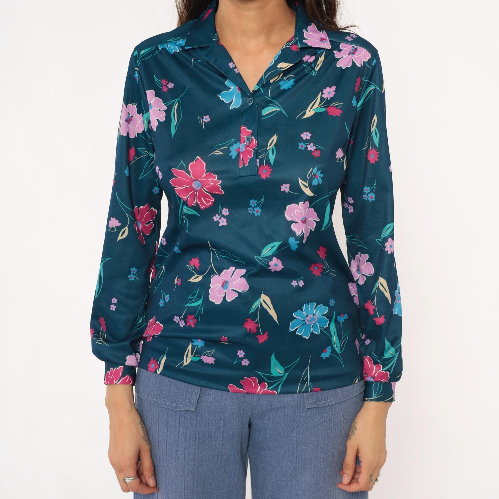 80s Teal Floral Blouse Navy Pink Purple Flowers Long Sleeve Button Up Medium
