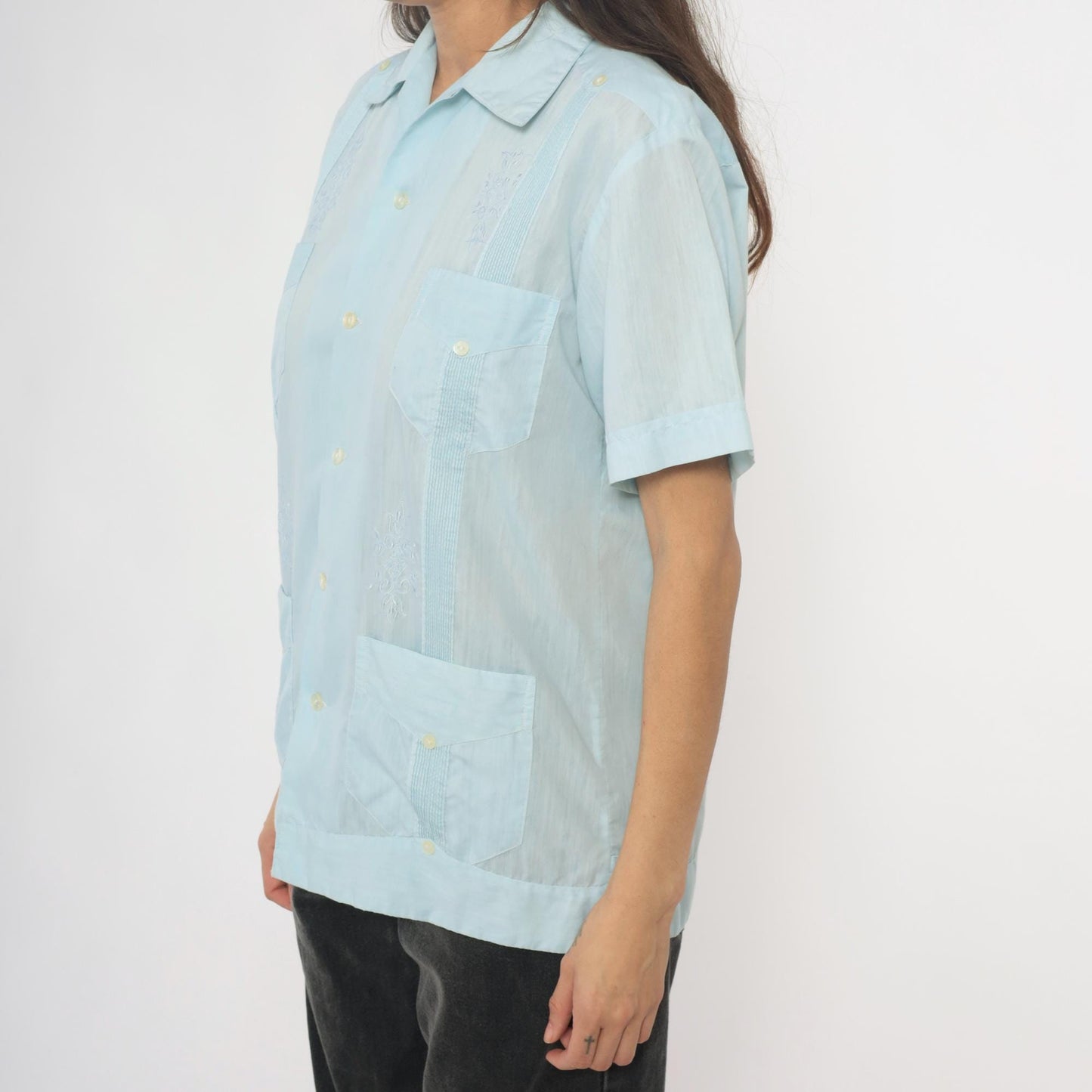 80s Light Blue Mexican Embroidered Pintuck Camp Collar Shirt Large L