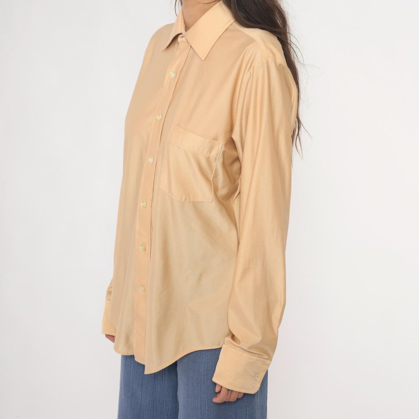 70s Arrow Kent Cream Nylon Button-Up Blouse Pointed Collar Long Sleeve Large