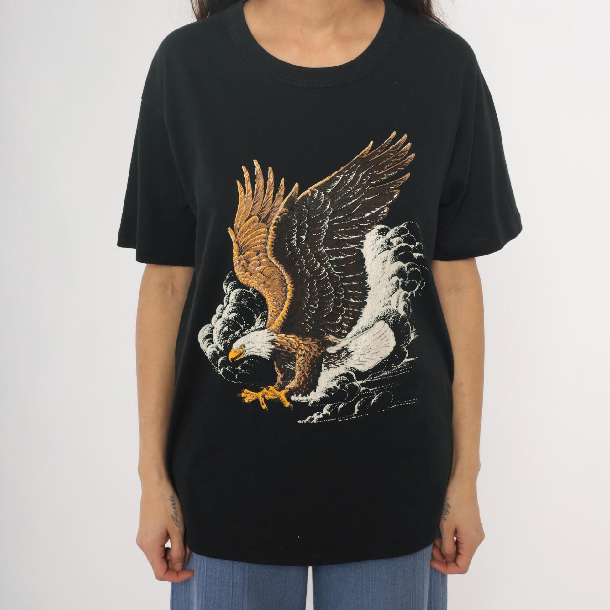 90s Bald Eagle Graphic T-Shirt Black Cotton Tee Large L
