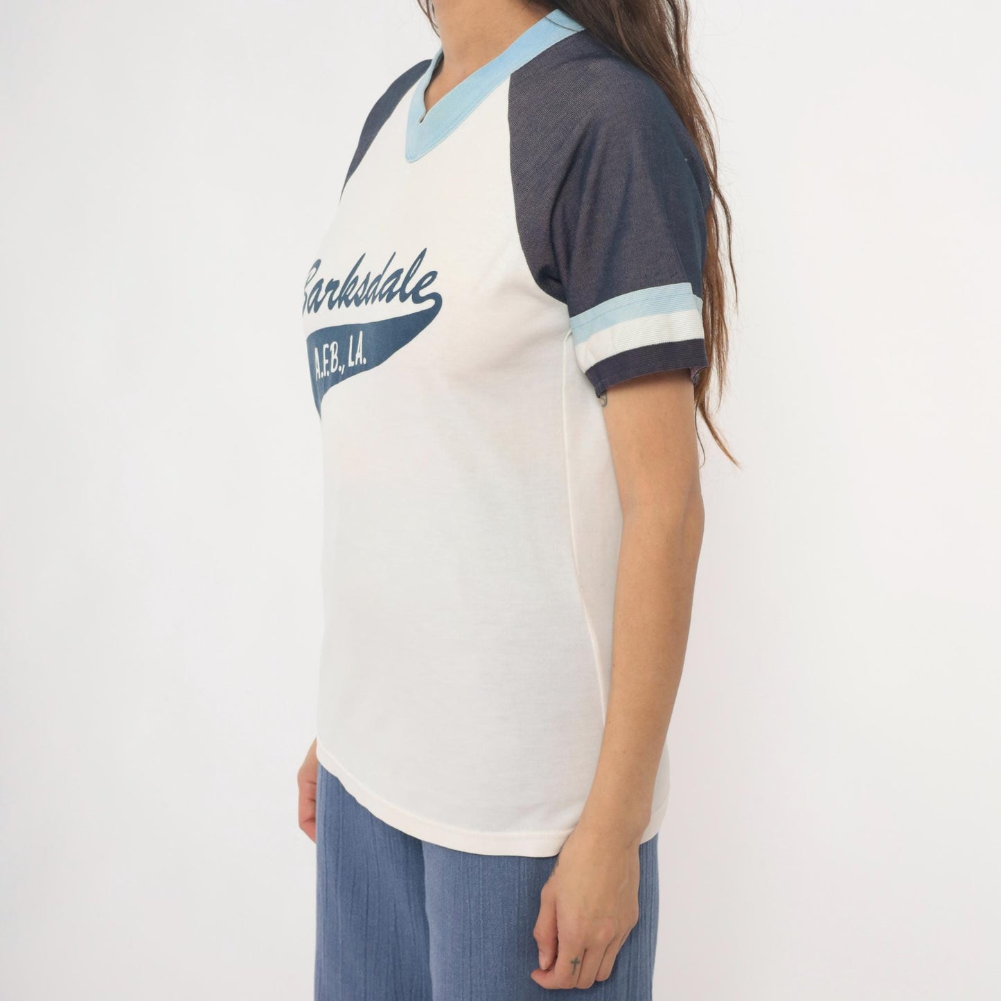 80s Barksdale A.F.B. Raglan Jersey Number 24 White Navy V-Neck Small