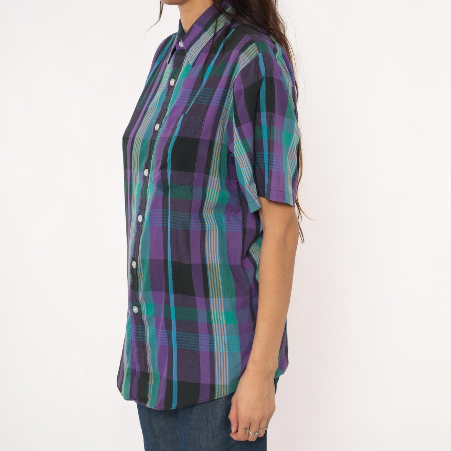 80s Plaid Button-Up Shirt Purple Green Teal Check Short Sleeve Medium