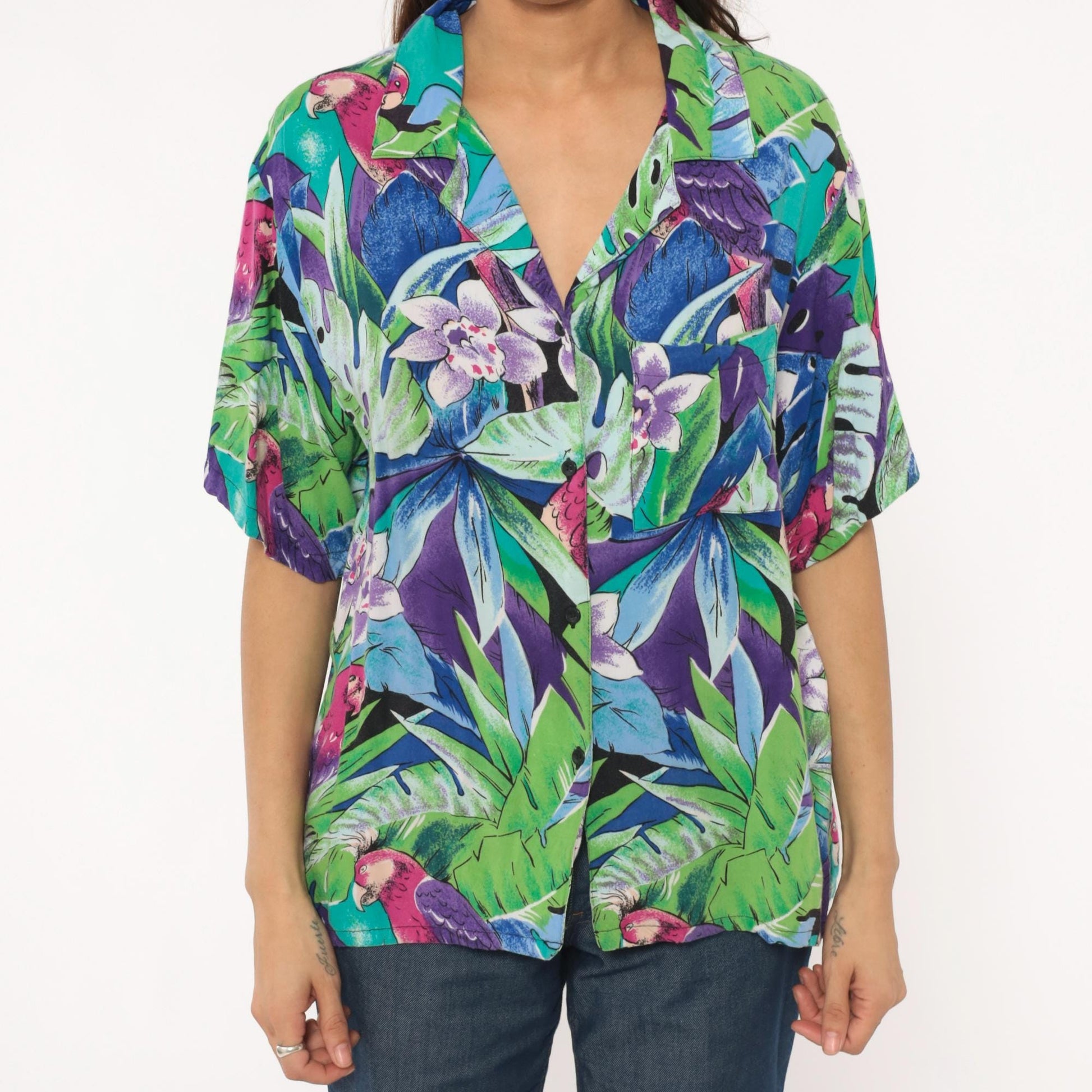 90s Spare Change California Tropical Parrot Rayon Shirt Turquoise Medium