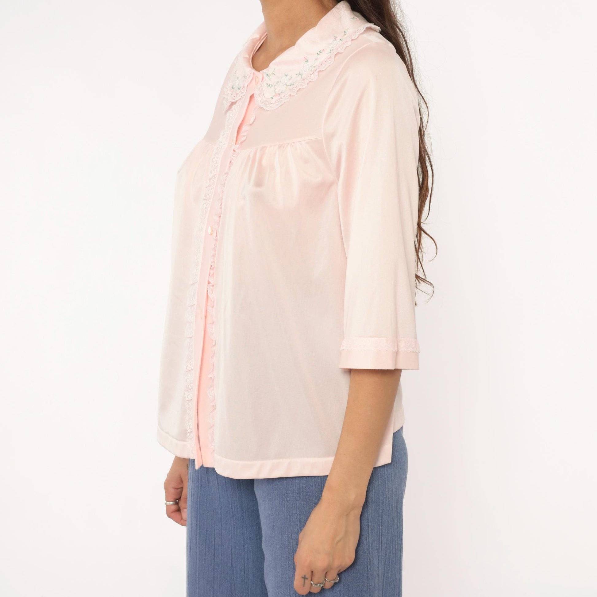 80s Shadowline Nylon Blouse Peter Pan Collar Embroidered Floral Pink Small