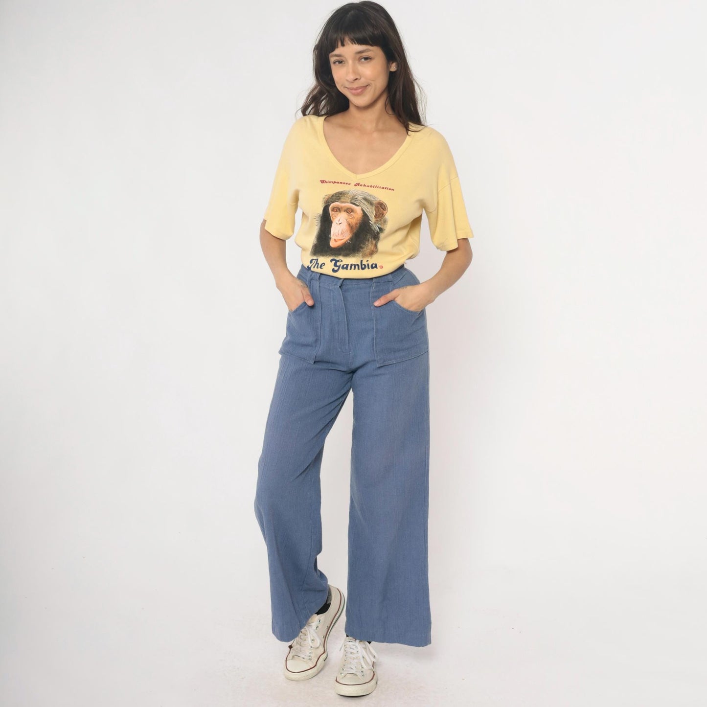 80s Chimpanzee Rehabilitation The Gambia Yellow Cotton V-Neck Tee Large L