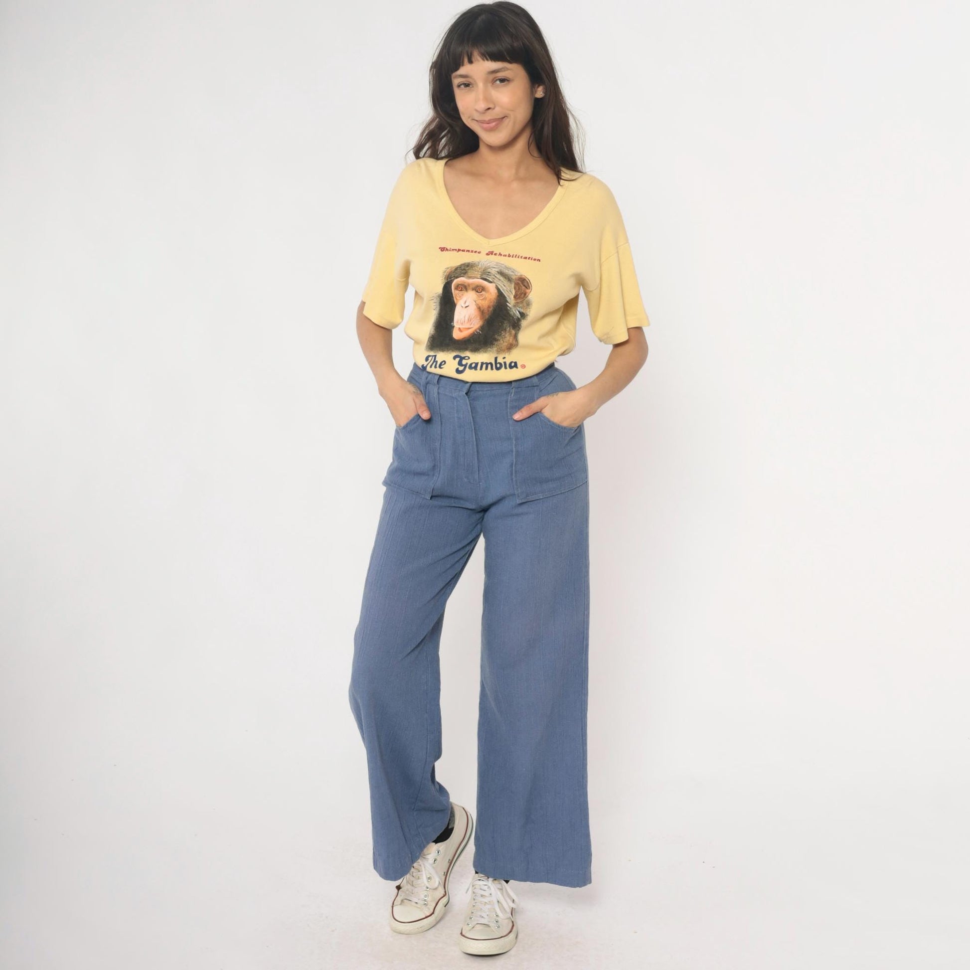 80s Chimpanzee Rehabilitation The Gambia Yellow Cotton V-Neck Tee Large L