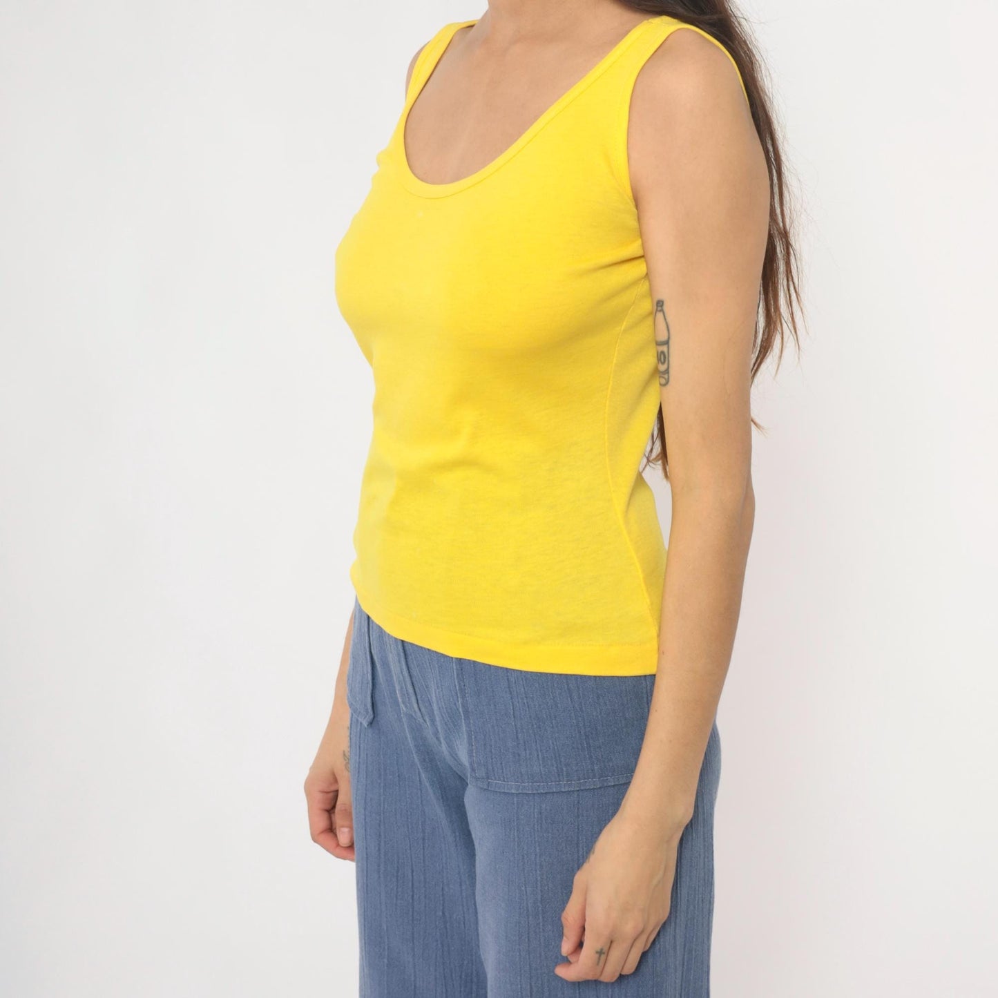 80s Yellow Scoop Neck Tank Top Fitted Cotton Blend Medium M