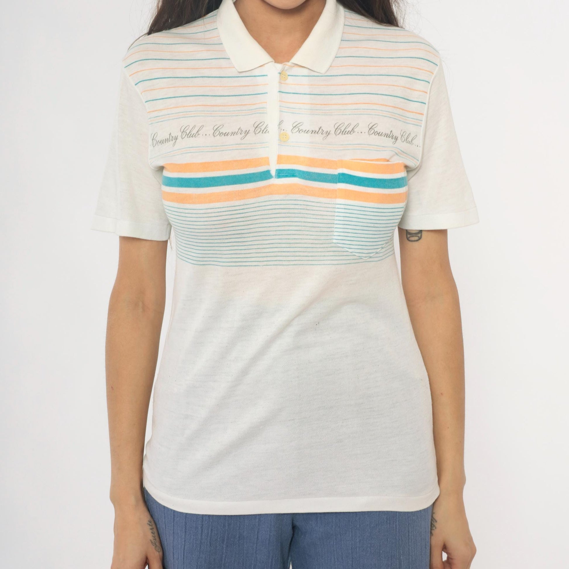 80s Country Club Polo Shirt Striped Cream Teal Peach Small