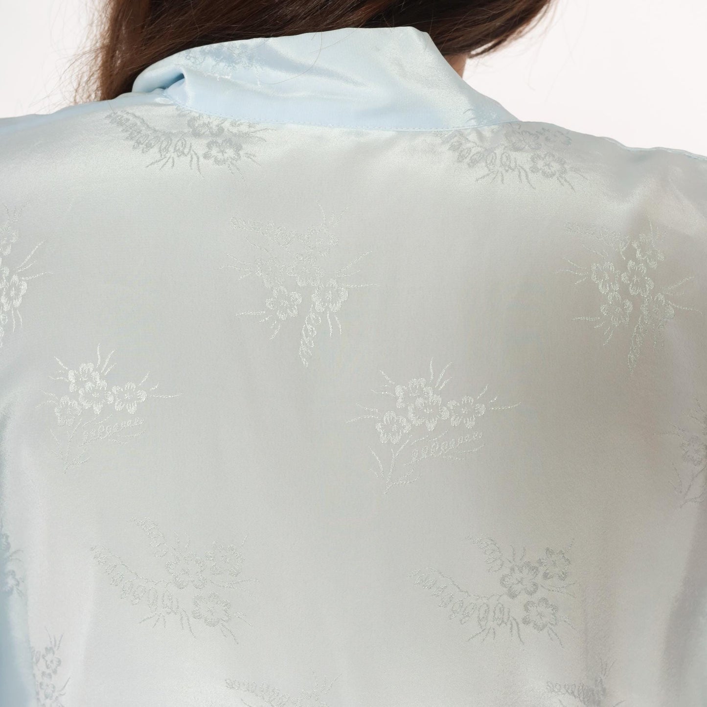 80s Pale Blue Kimono Robe Floral Print Wrap Shawl Collar Medium