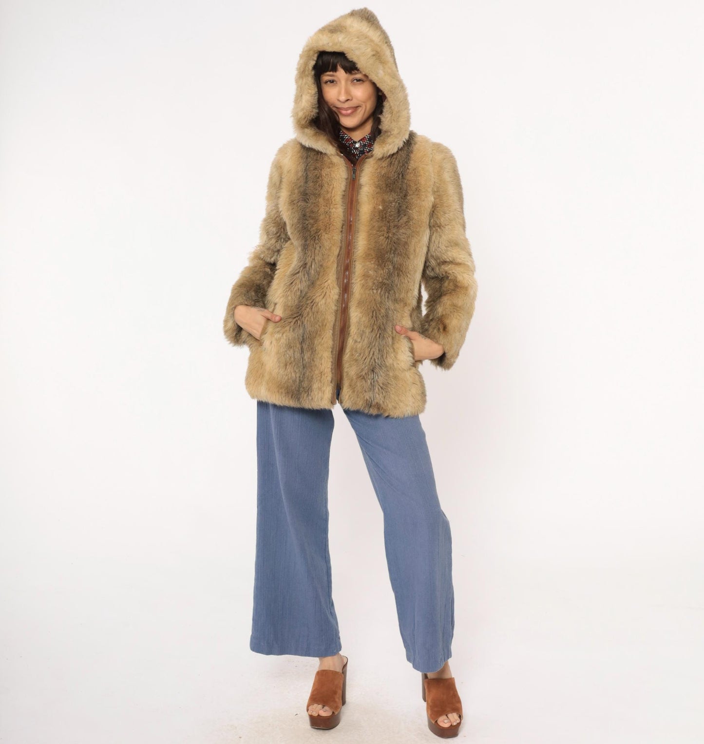 70s Beekman Place Faux Fur Hooded Coat Beige Brown Vinyl Trim Medium