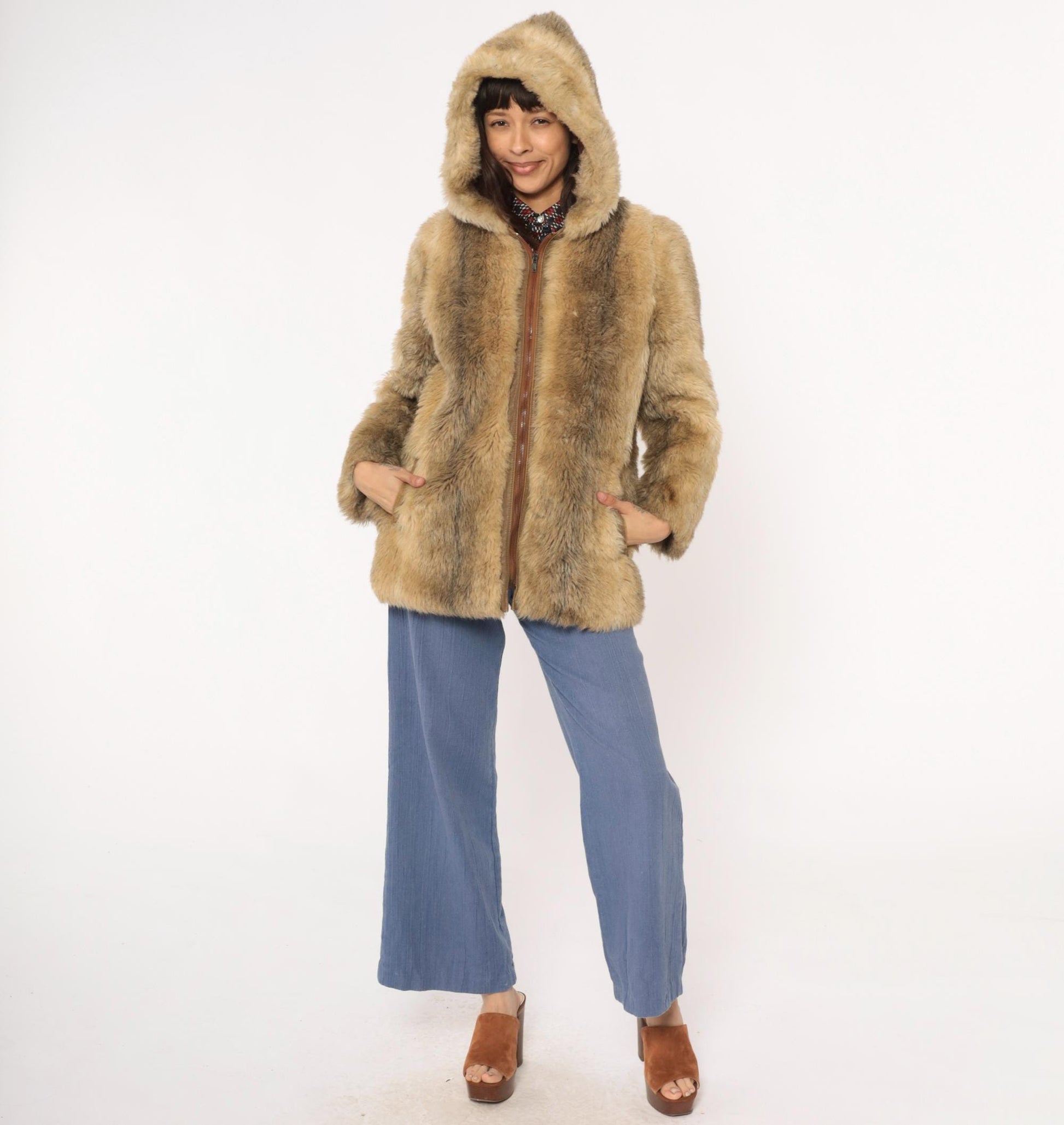 70s Beekman Place Faux Fur Hooded Coat Beige Brown Vinyl Trim Medium