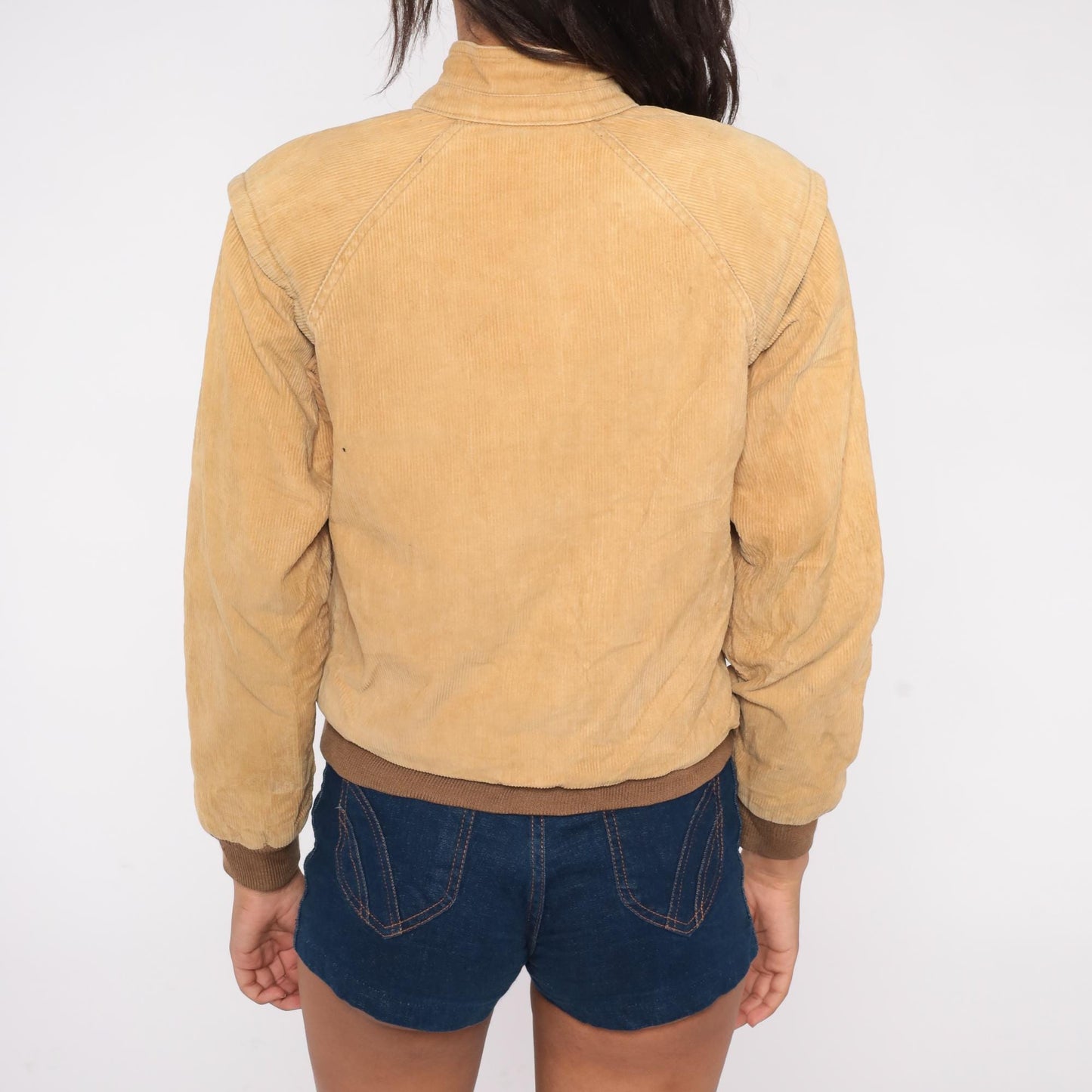 80s Tan Corduroy Bomber Jacket Zip Front Buckle Collar Extra Small XS