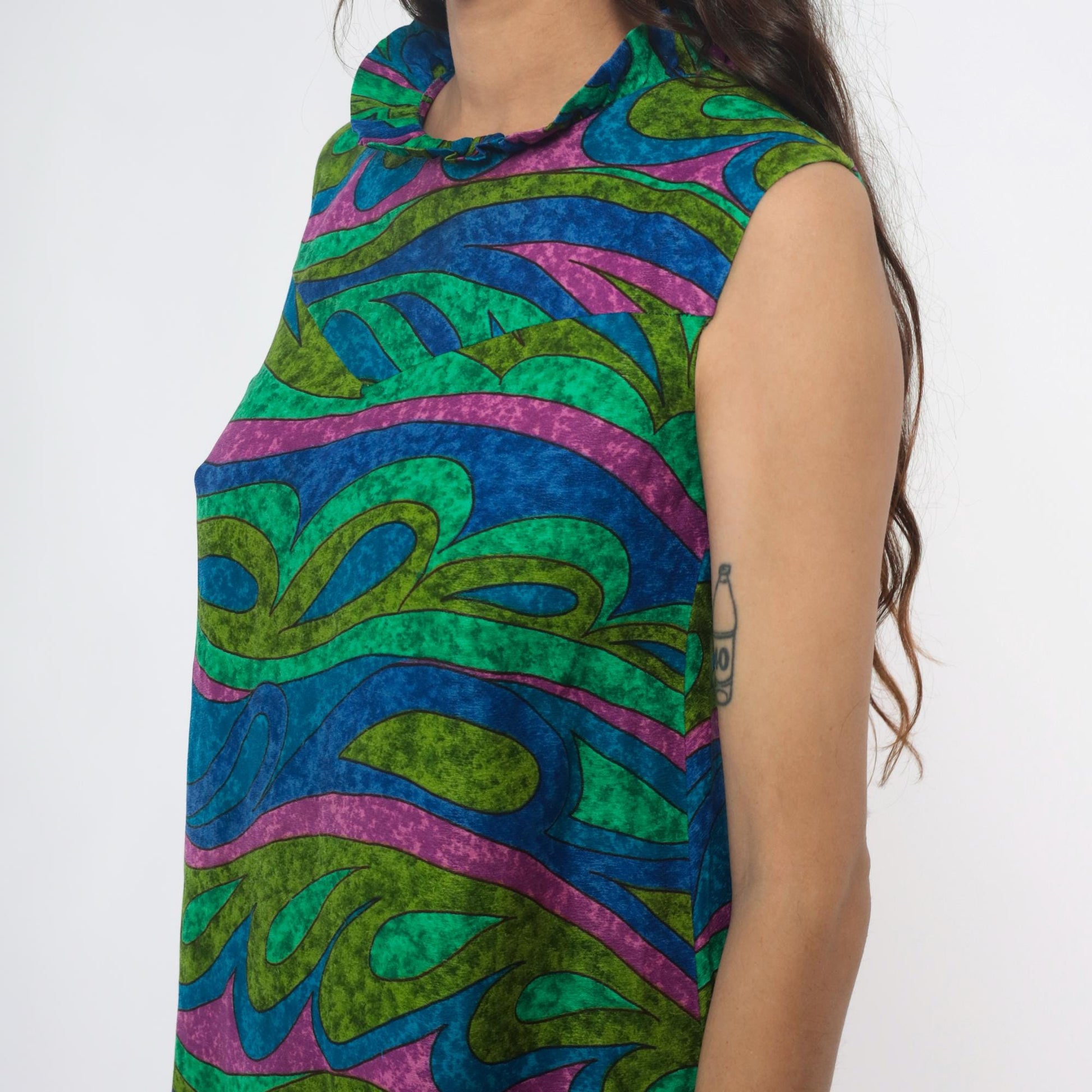 70s Psychedelic Swirl Maxi Dress Blue Green Pink Wave Print Sleeveless Extra Small