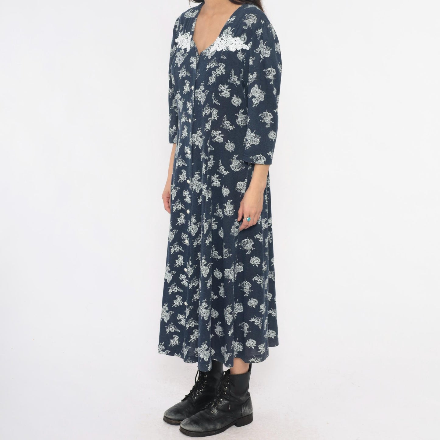 90s Navy Floral Maxi Dress Lace Collar Button Front Three Quarter Sleeve Extra Large XXL
