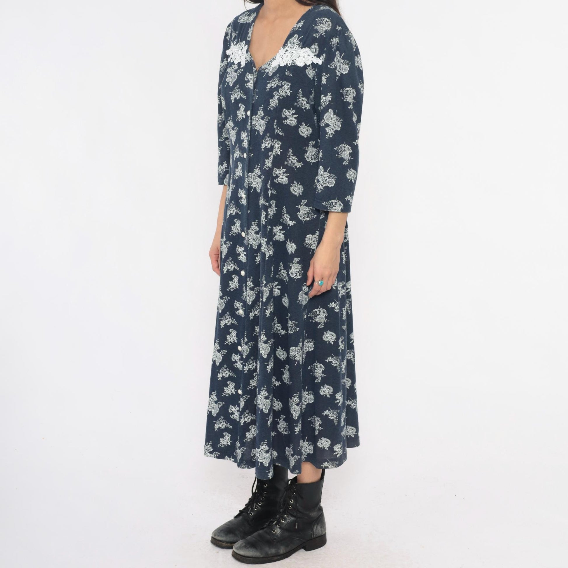 90s Navy Floral Maxi Dress Lace Collar Button Front Three Quarter Sleeve Extra Large XXL