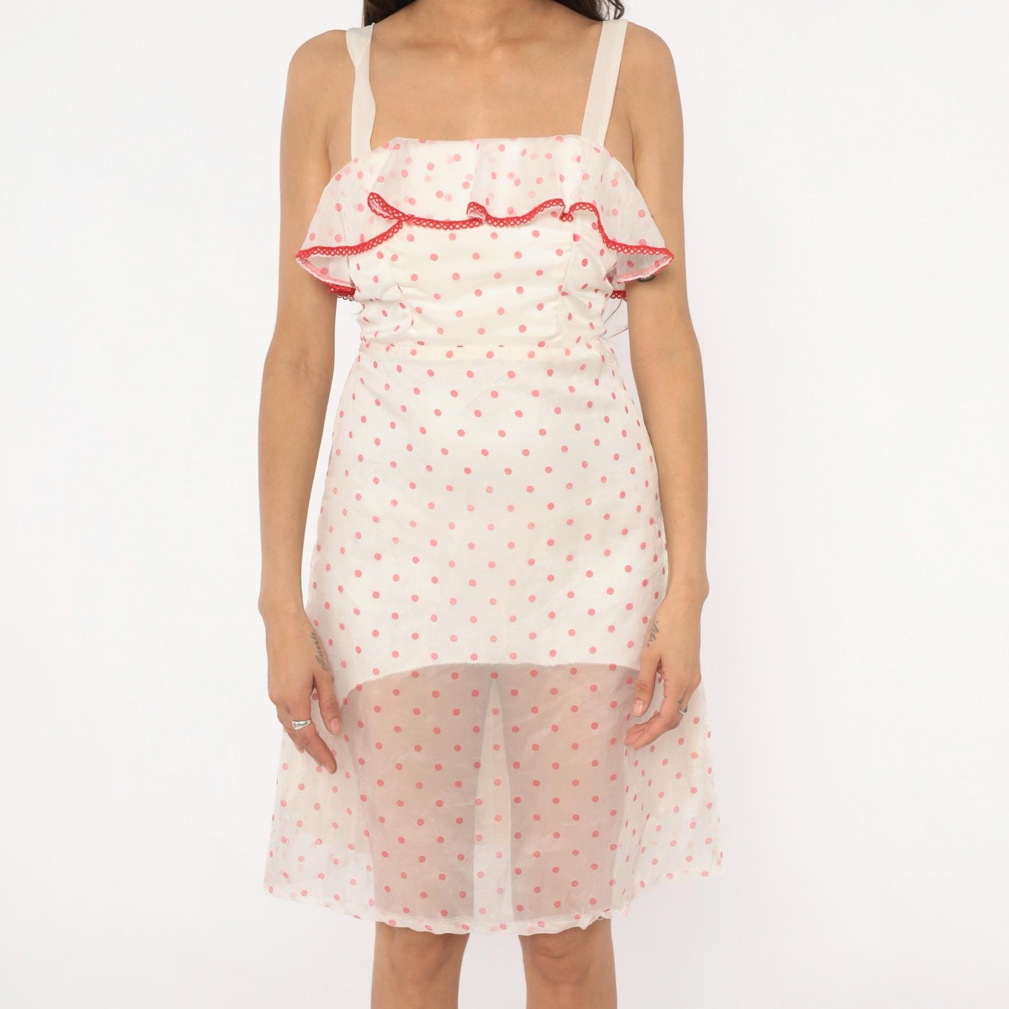 80s Pink White Polka Dot Midi Dress Red Ribbon Ruffle Spaghetti Strap Extra Small