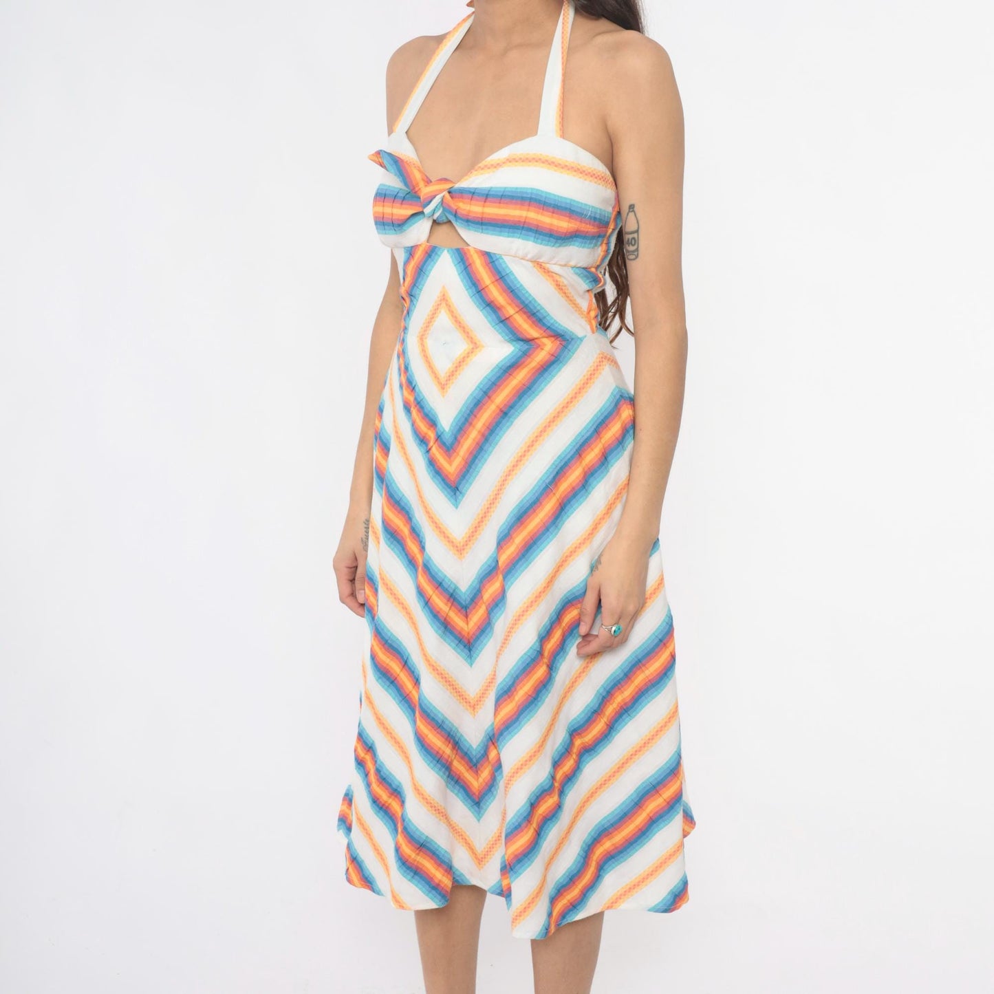 70s Rainbow Chevron Halter Dress Cutout Tie Front Cotton Small