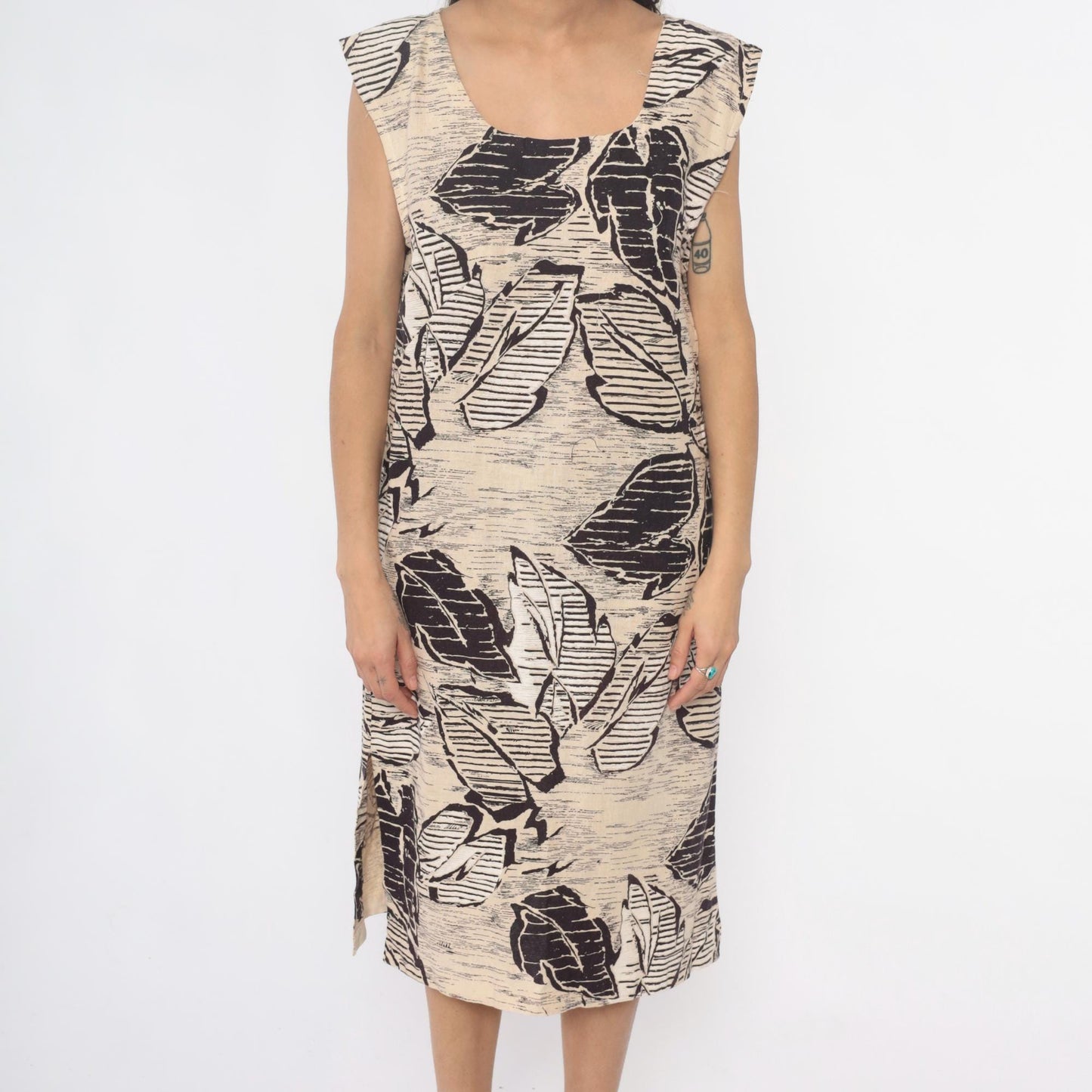 70s Leaf Print Shift Dress Cream Black Botanical Sleeveless Large
