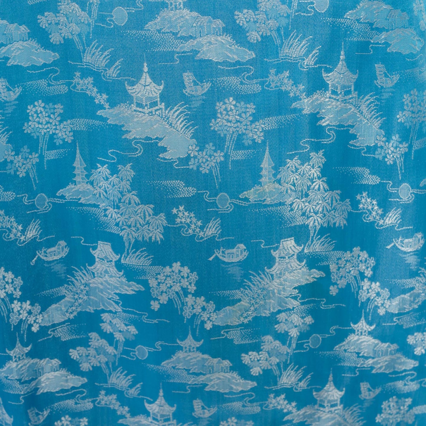 60s Asian Print Shift Dress Sky Blue Pagoda Scenic Mock Neck Sleeveless Small