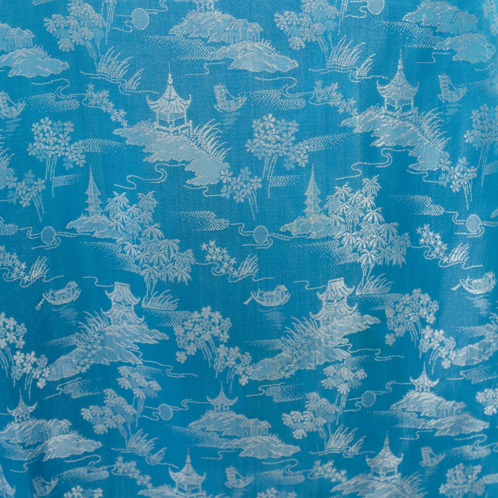60s Asian Print Shift Dress Sky Blue Pagoda Scenic Mock Neck Sleeveless Small