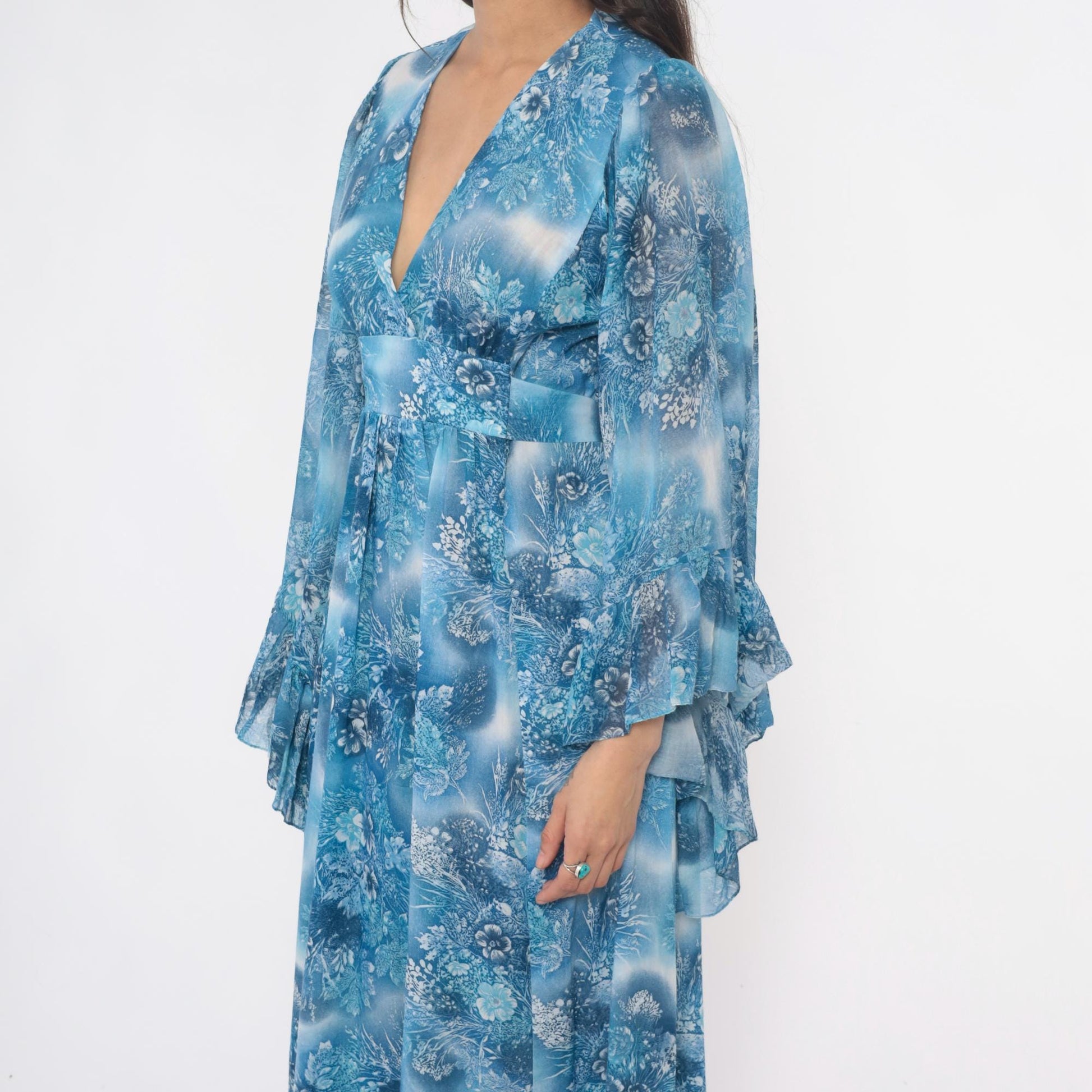 70s Blue Floral Angel Sleeve Maxi Dress Wrap Bodice Small Medium