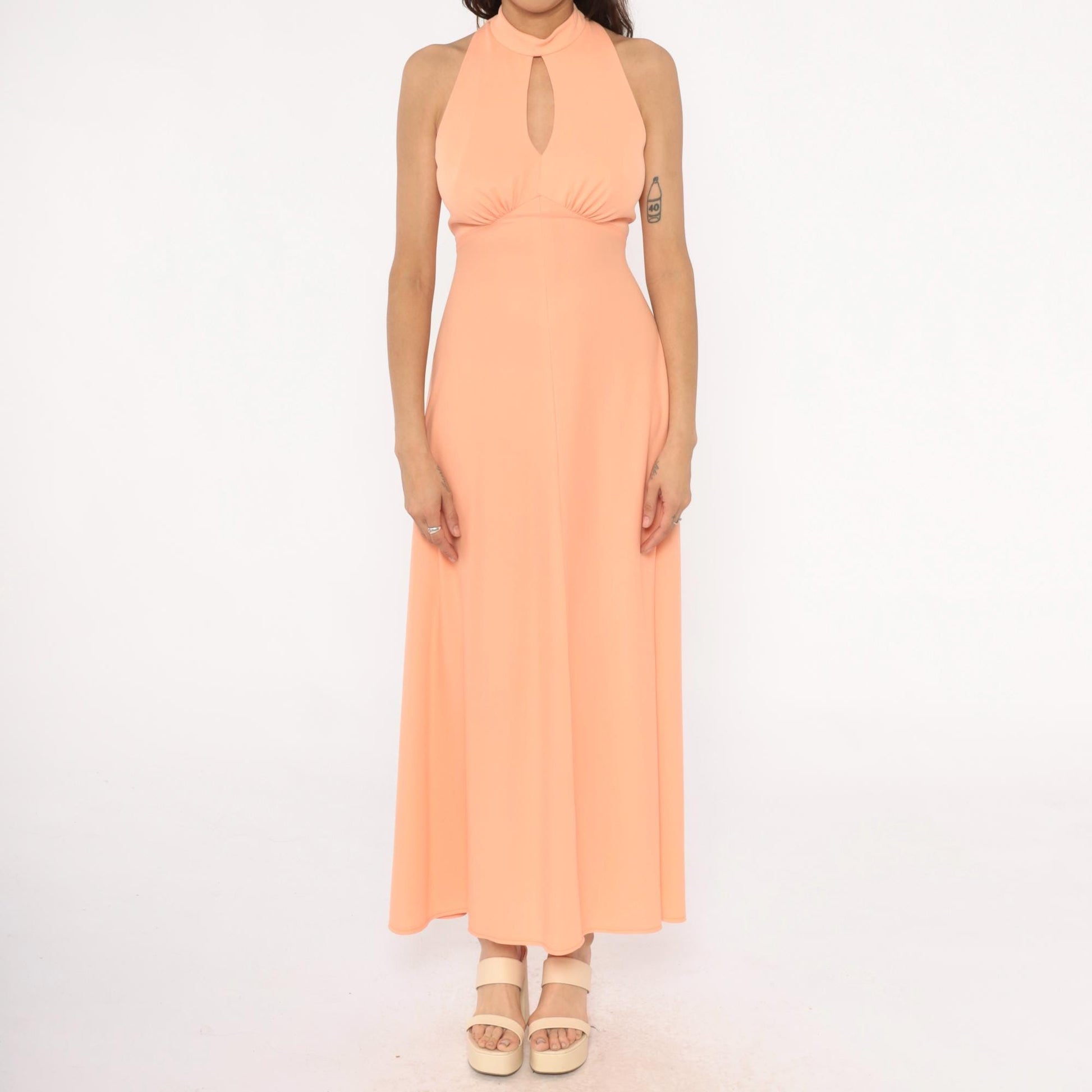 70s Peach Halter Maxi Dress Keyhole Cutout Empire Waist Small