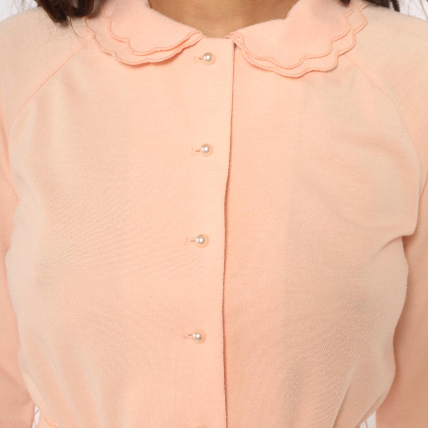 80s Leslie Fay Peach Dress Peter Pan Collar Button Front Belted Small