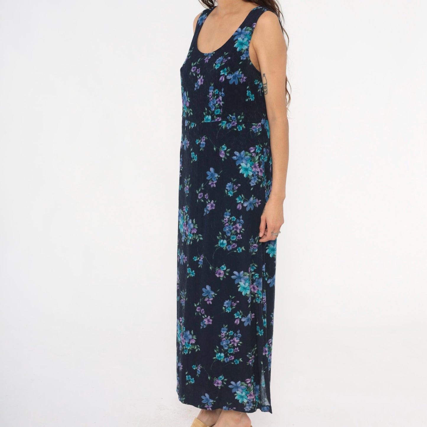 90s Karin Stevens Floral Maxi Dress Dark Blue Purple Sleeveless Tank Large
