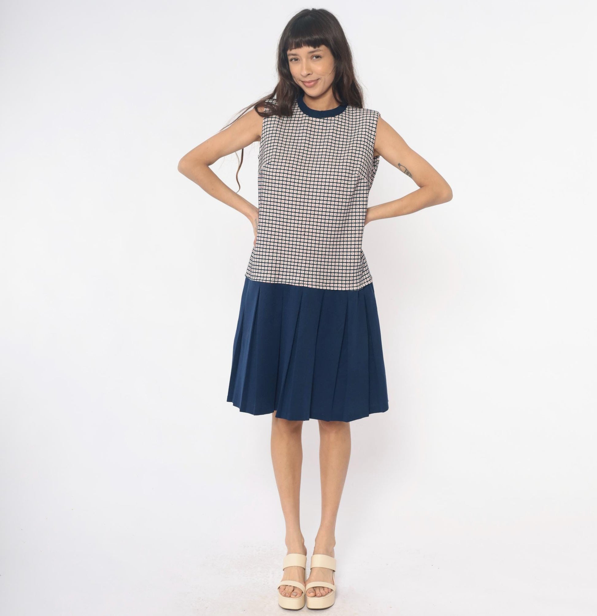 70s Navy Checkered Colorblock Dress Pleated Skirt Sleeveless Large L