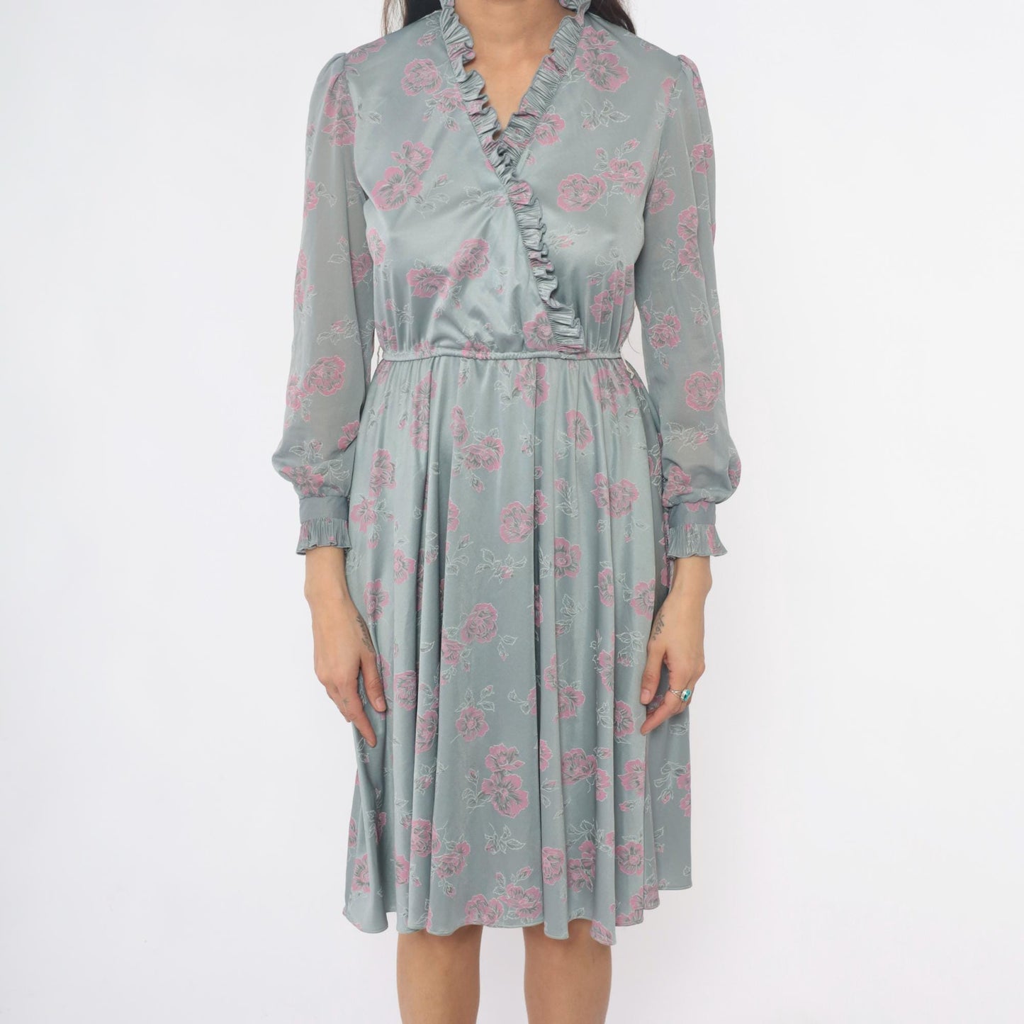 70s Floral Dress Silver Pink Long Sleeve Ruffle V-Neck Pleated Midi Small