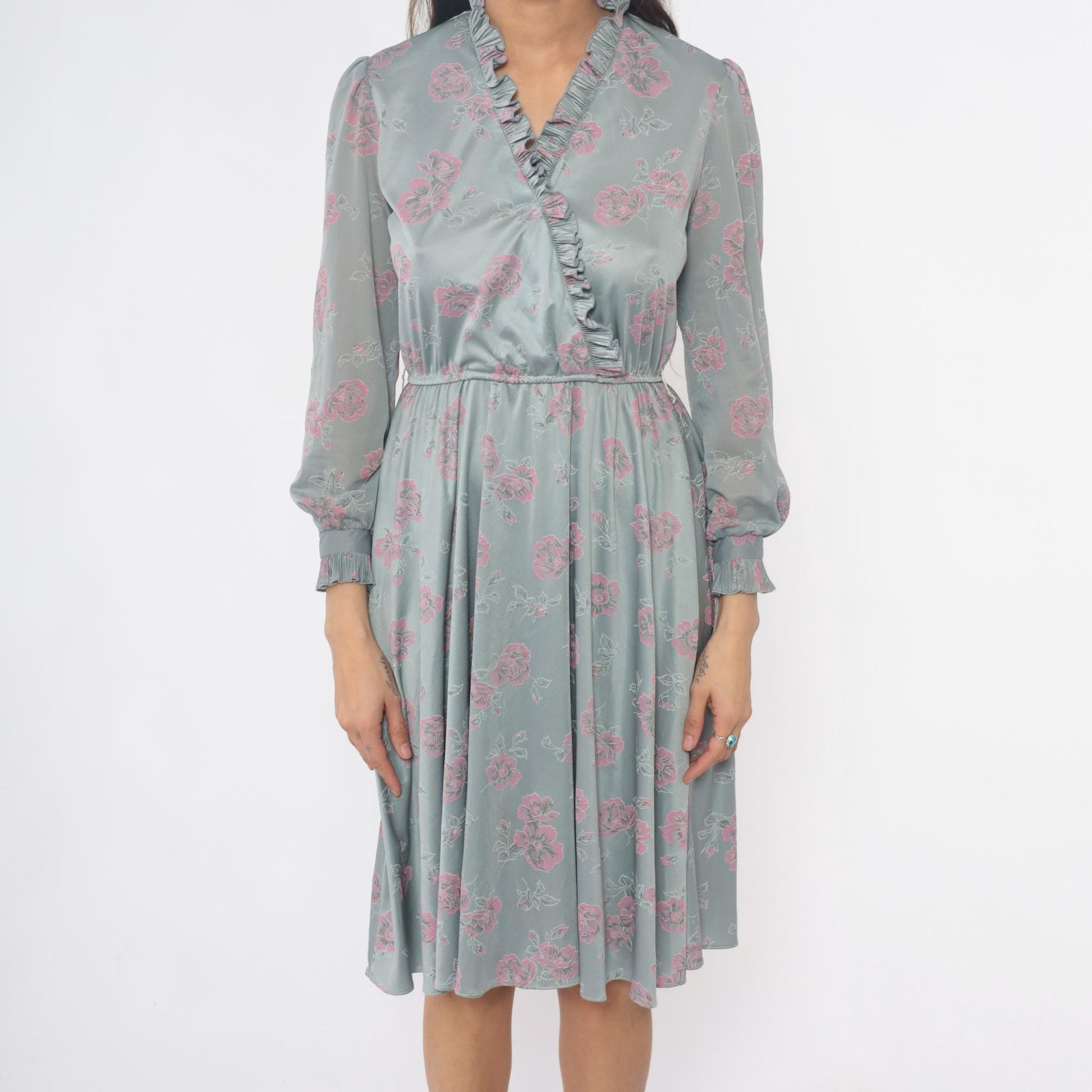 70s Floral Dress Silver Pink Long Sleeve Ruffle V-Neck Pleated Midi Small