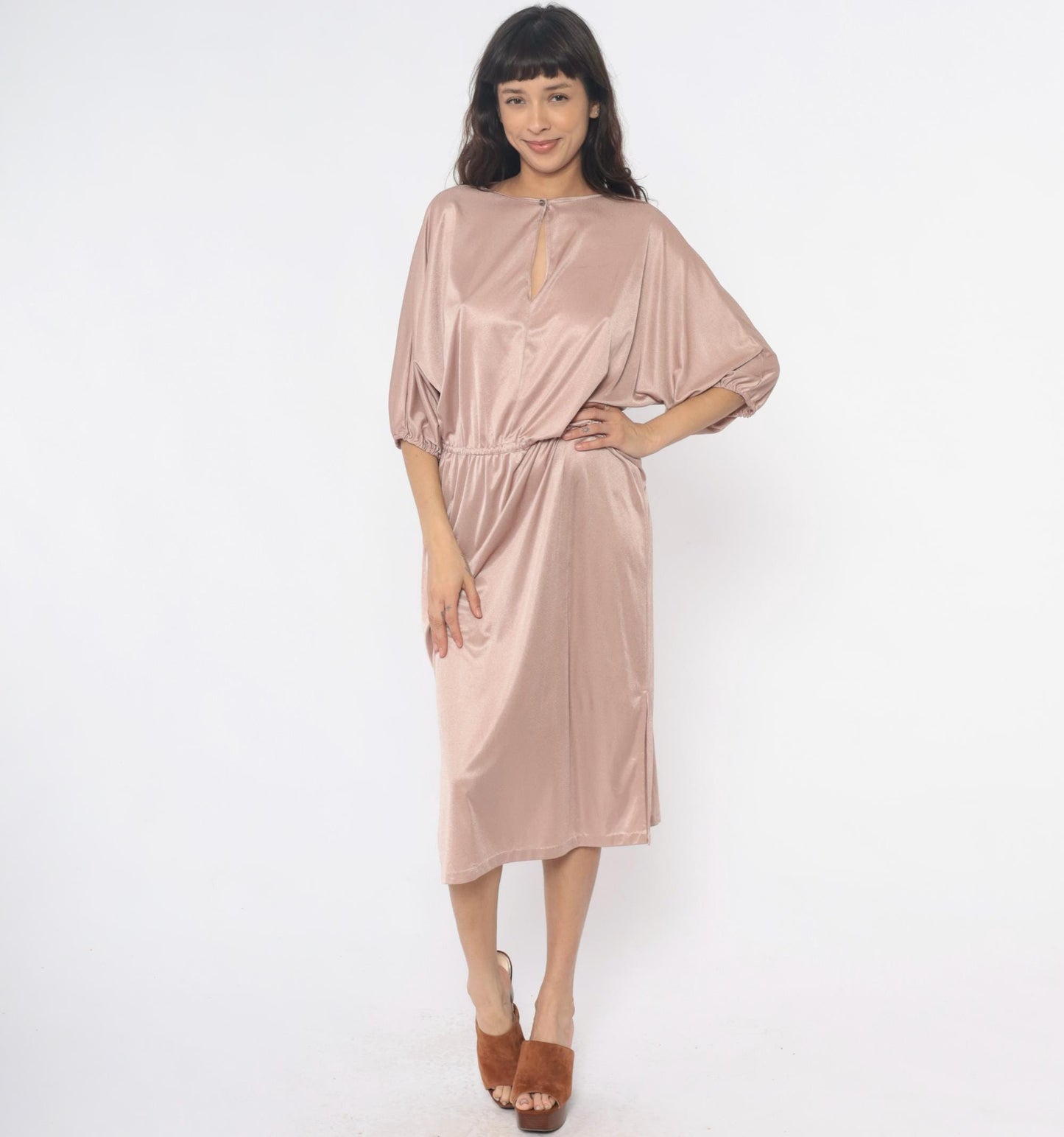 70s Blush Pink Satin Midi Dress Dolman Sleeve Keyhole Back Medium