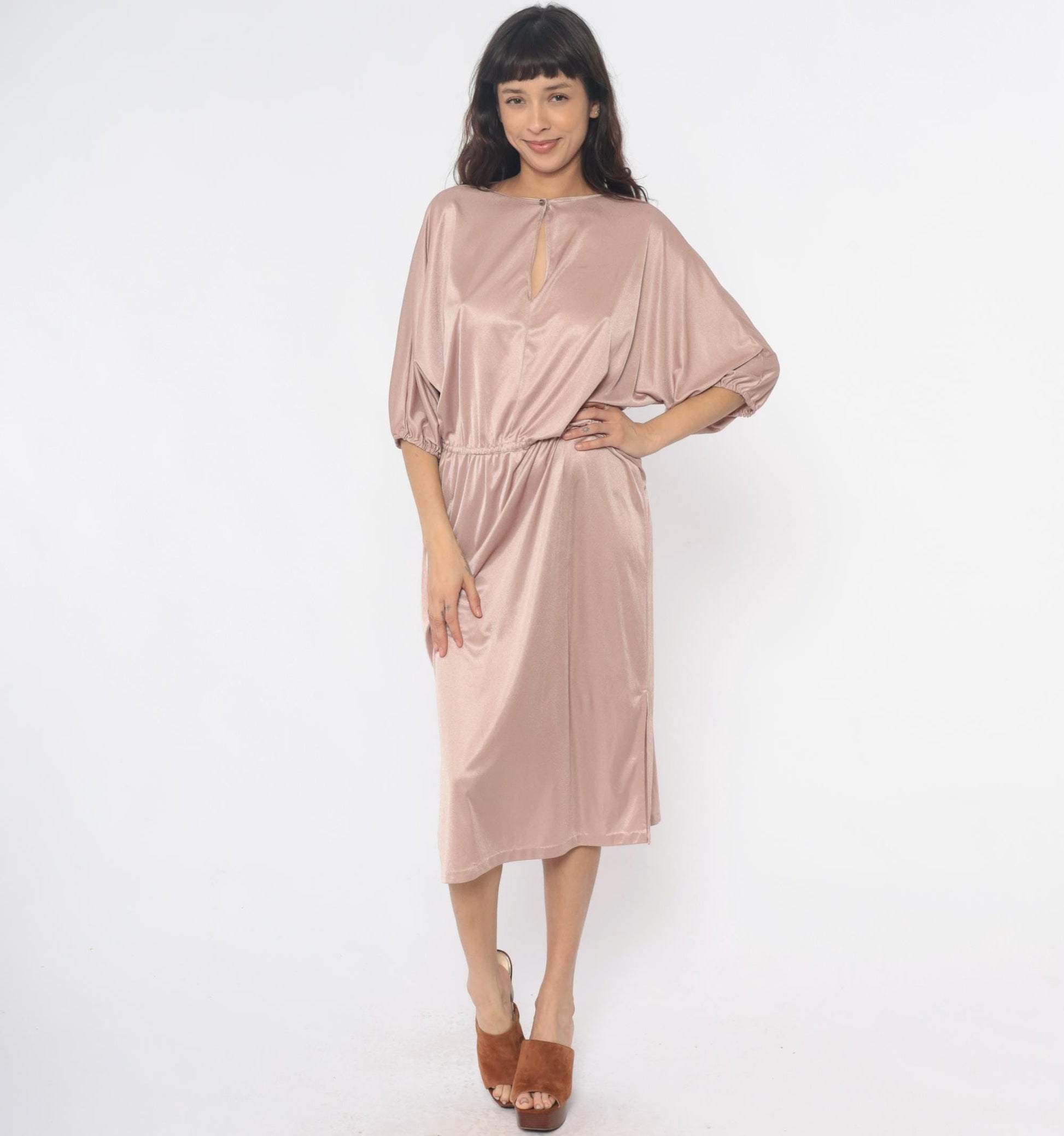 70s Blush Pink Satin Midi Dress Dolman Sleeve Keyhole Back Medium
