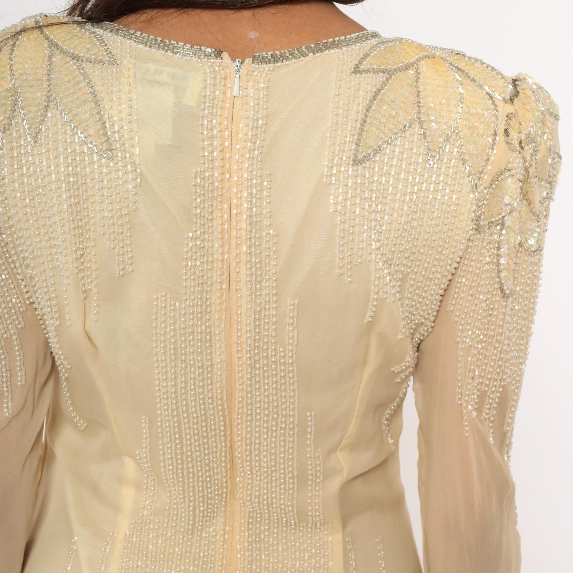 80s Sho Max Originals Silk Dress Beaded Drop Waist Cream Medium M