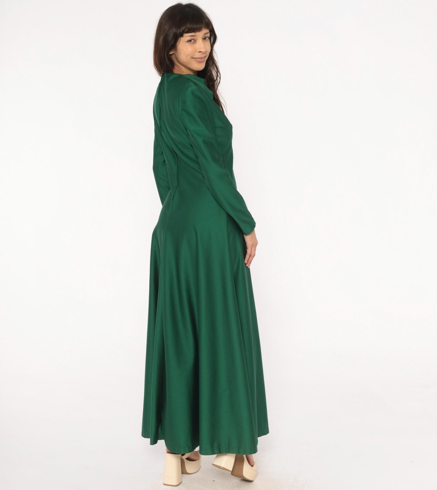 70s Green Maxi Dress Cowl Neck Long Sleeve Forest Draped Medium