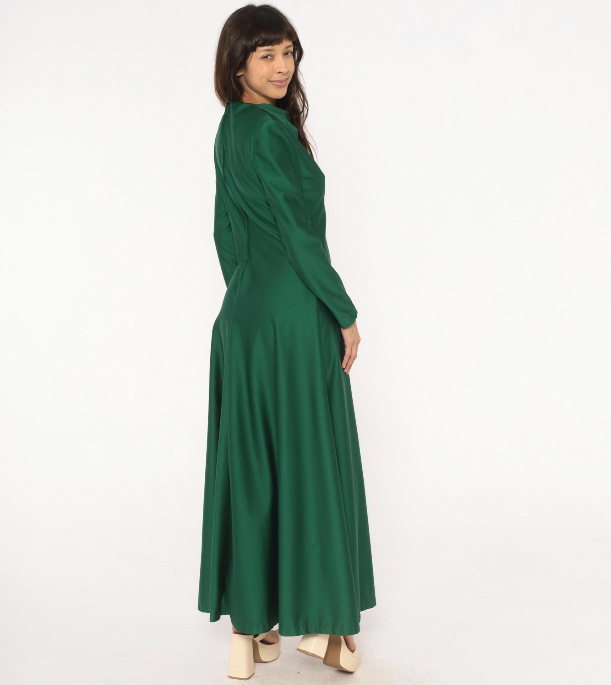 70s Green Maxi Dress Cowl Neck Long Sleeve Forest Draped Medium