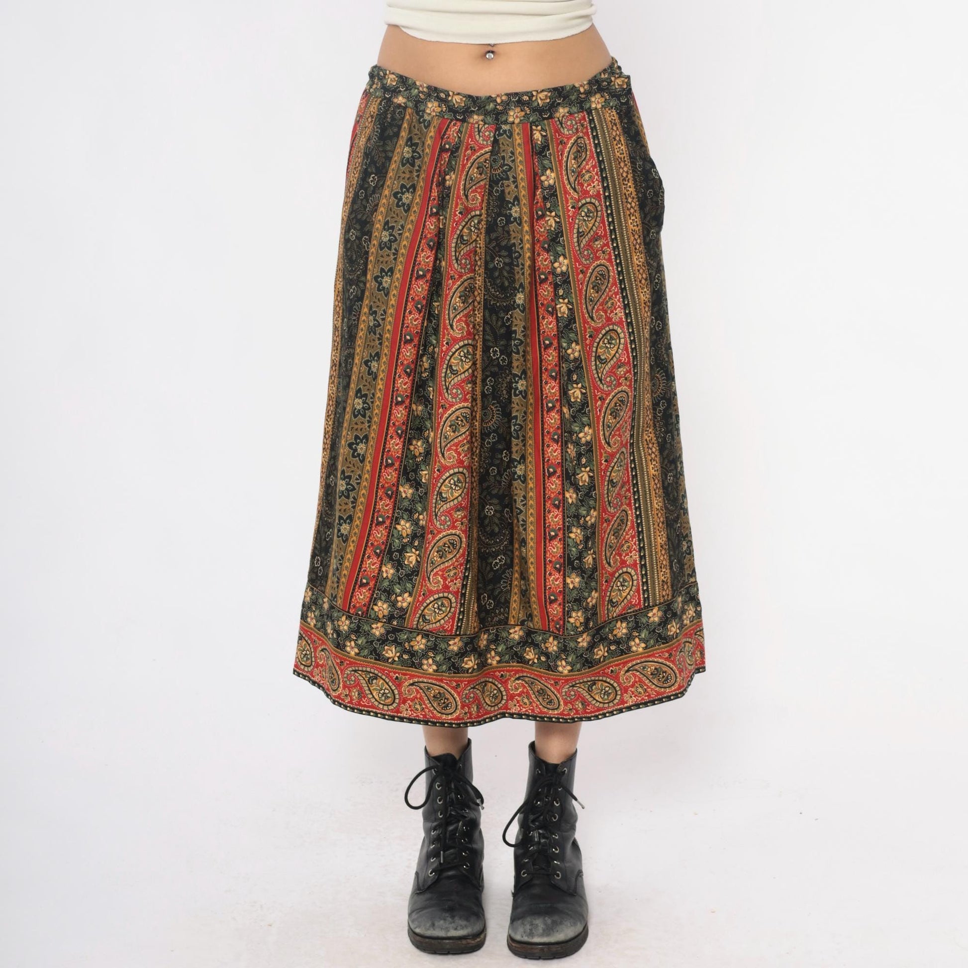90s Suttles an Seawinds Midi Skirt Paisley Floral Stripe Elastic Waist Large