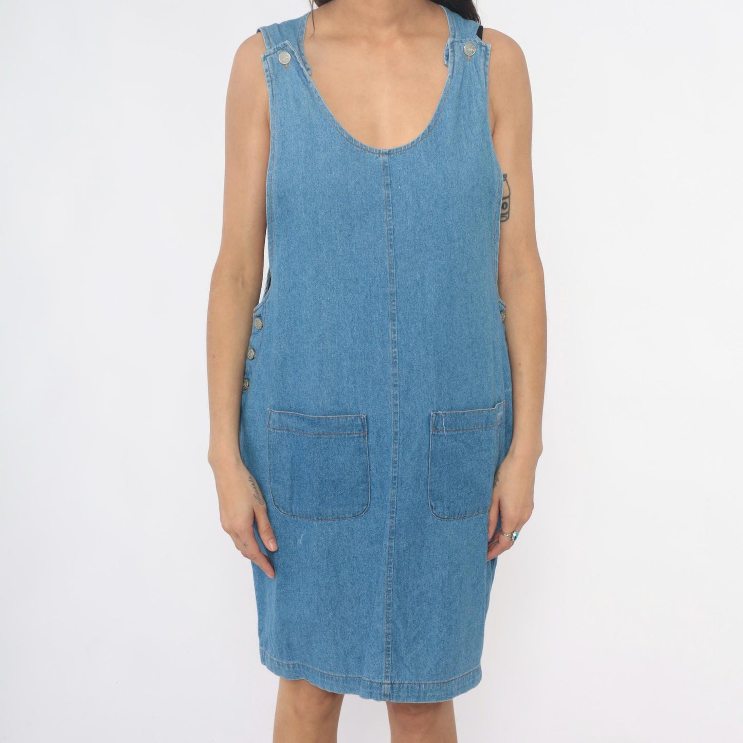 90s Fads Light Blue Denim Dress Sleeveless Side Button Shift Large L
