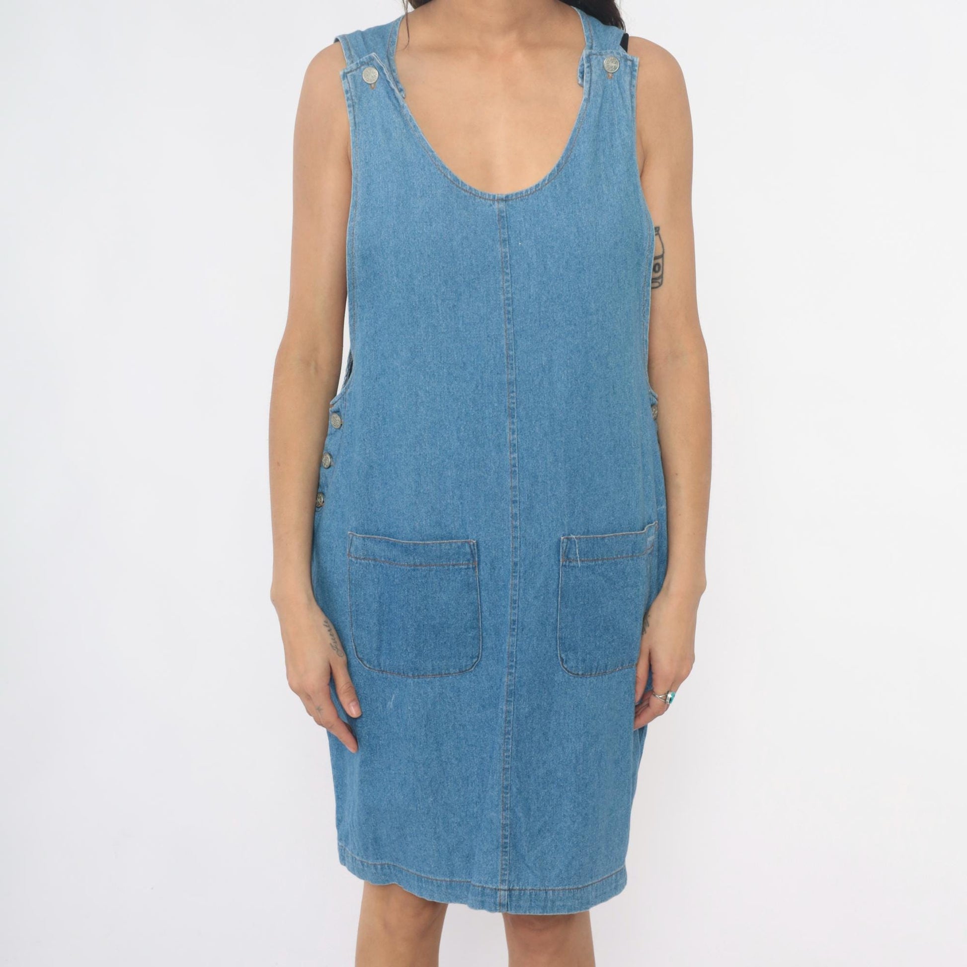90s Fads Light Blue Denim Dress Sleeveless Side Button Shift Large L