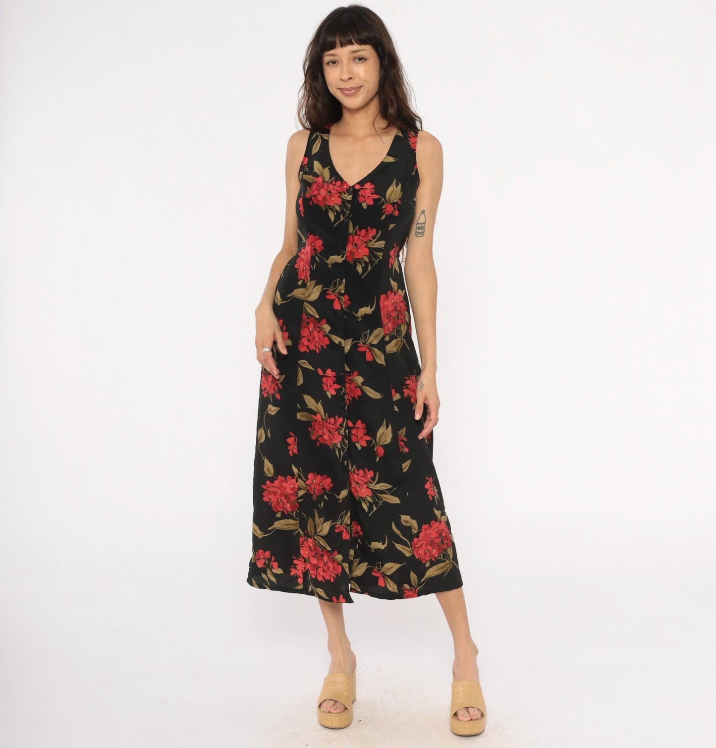 90s Expressions Floral Maxi Dress Black Red Coral Sleeveless V-Neck Medium