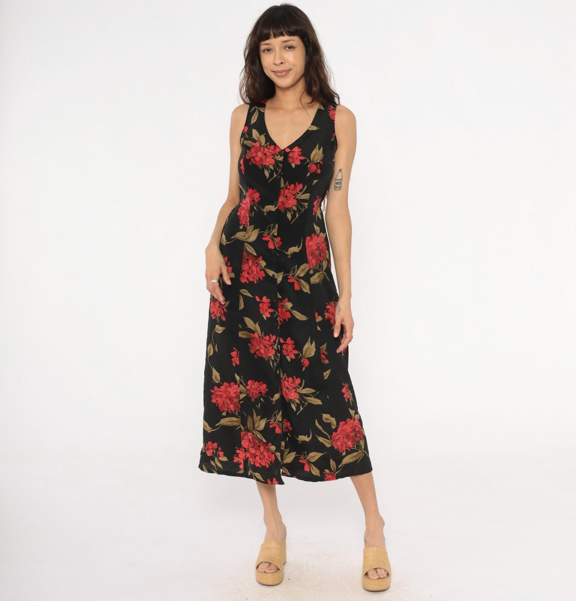 90s Expressions Floral Maxi Dress Black Red Coral Sleeveless V-Neck Medium