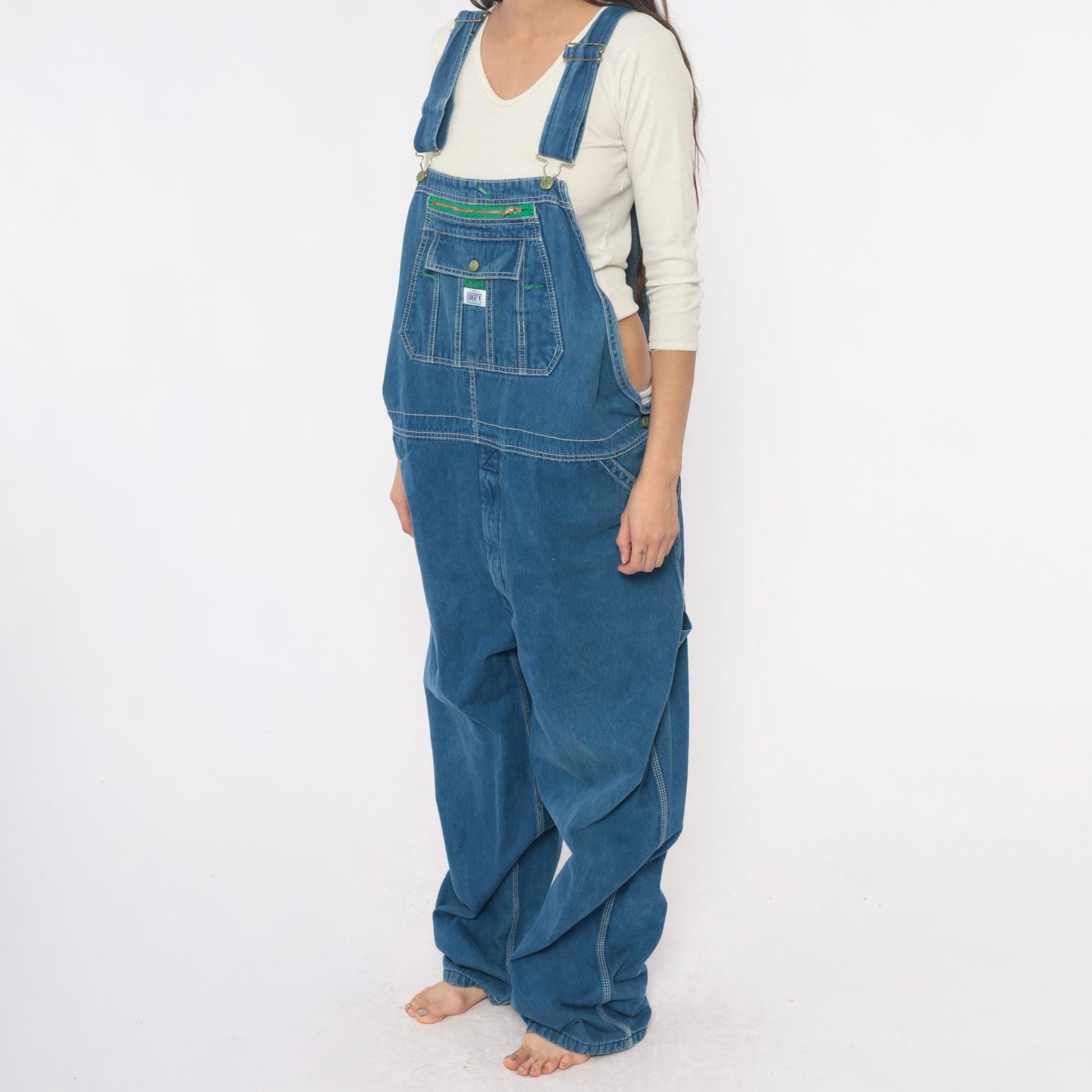 Y2K Liberty Denim Overalls Medium Blue Green Stitching Carpenter Jumpsuit