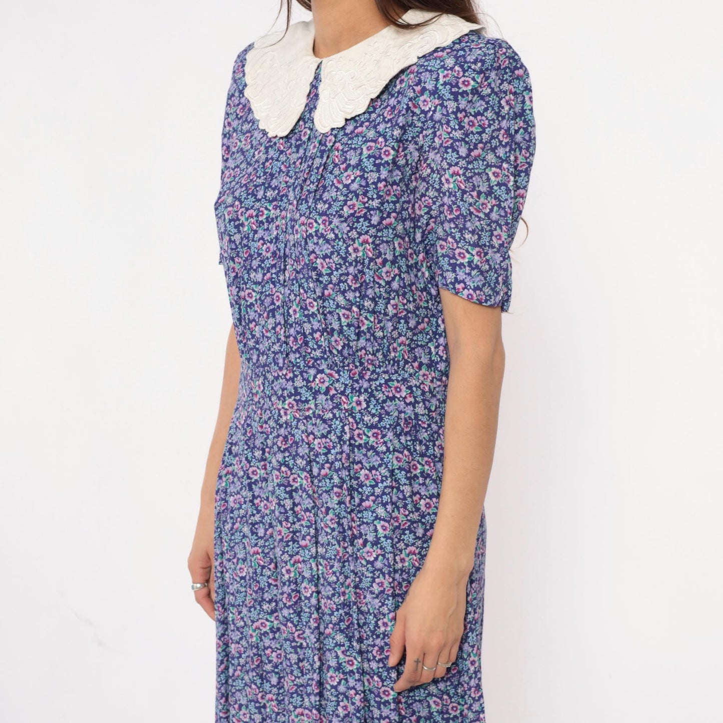 90s Karin Stevens Floral Maxi Dress Peter Pan Collar Purple Medium