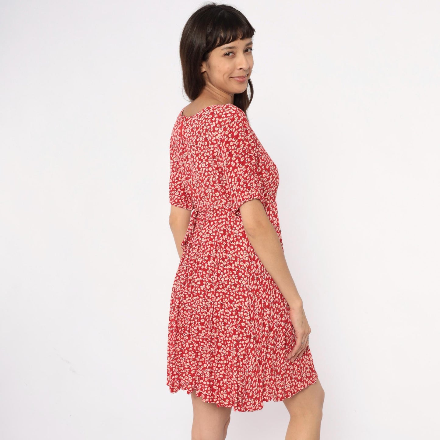 90s Red Daisy Mini Dress Rayon A-Line Scoop Neck Short Sleeve Medium M